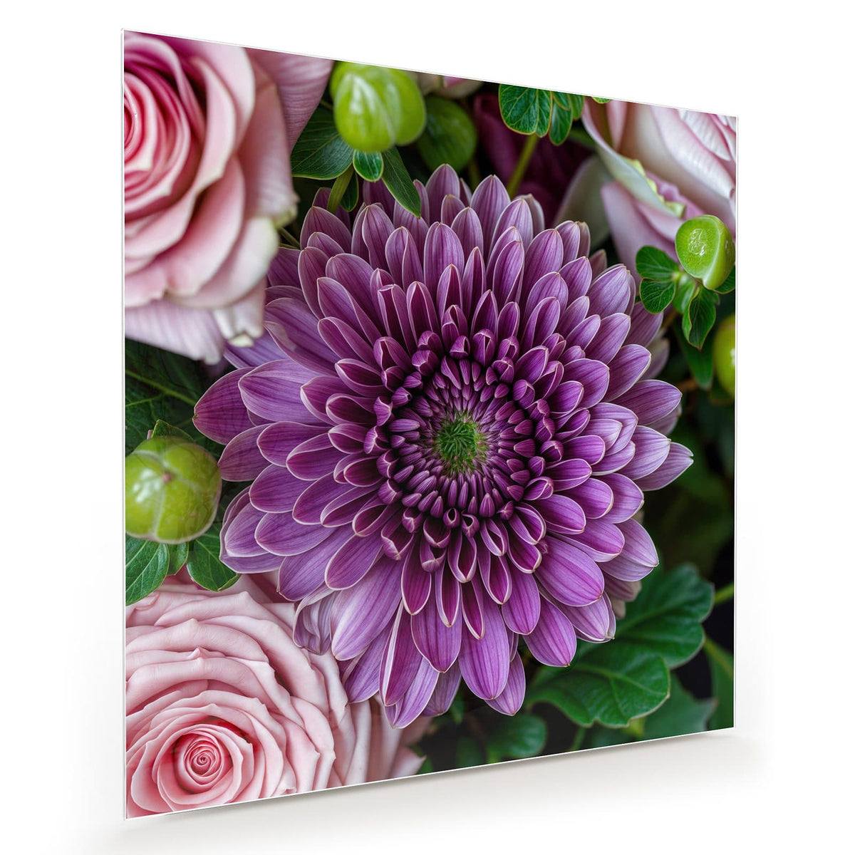 Violette Chrysantheme im Zentrum, umgeben von rosa Rosen und grünen Beeren