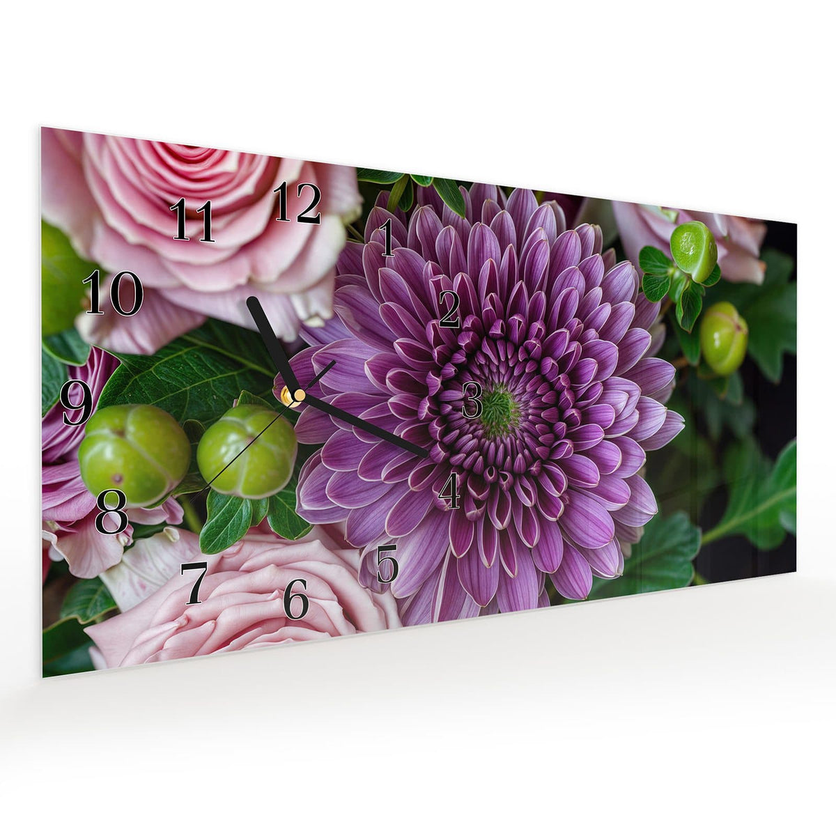 Vormontiert – mit Schwebeeffekt – Wanduhr Sanfte Blumenarrangement aus Glas – Querformat 60 × 30 cm