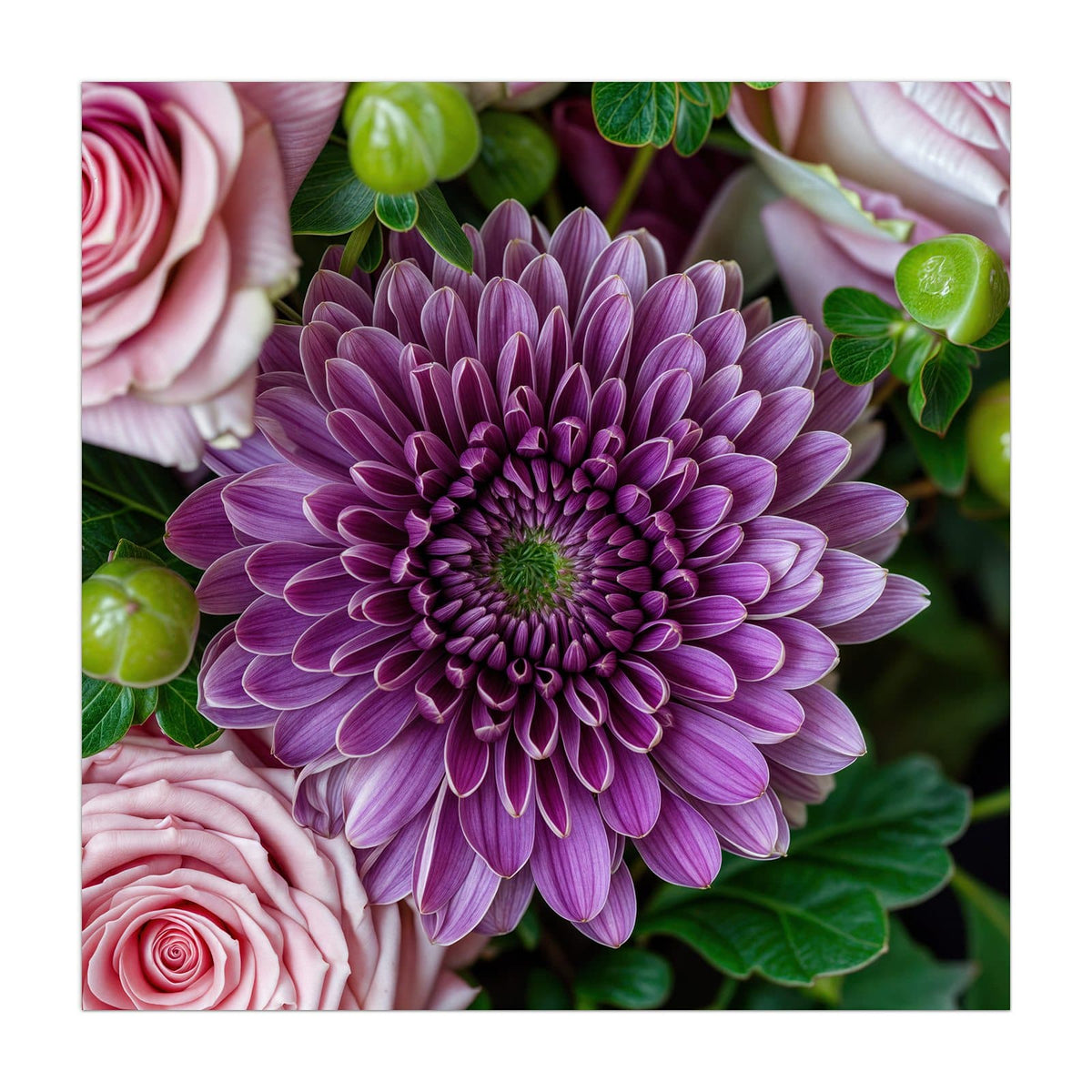Violette Chrysantheme im Zentrum, umgeben von rosa Rosen und grünen Beeren