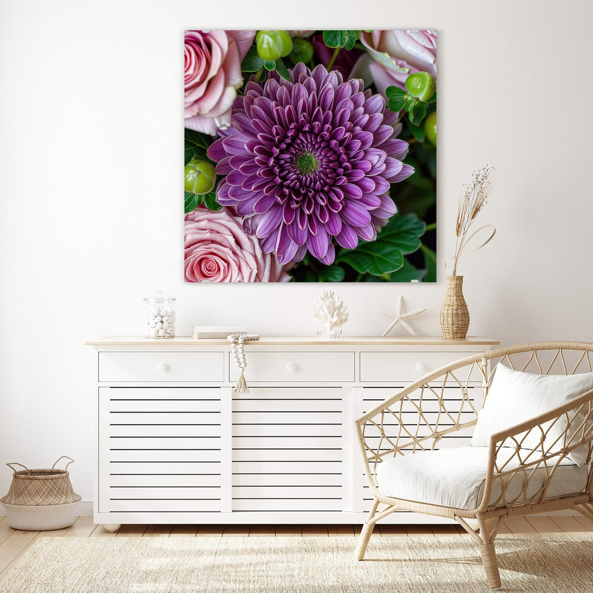 Echtglas, 4 mm – kein Acryl, keine Folie – Wandbild - Rosen und Chrysantheme - Quadratisch
