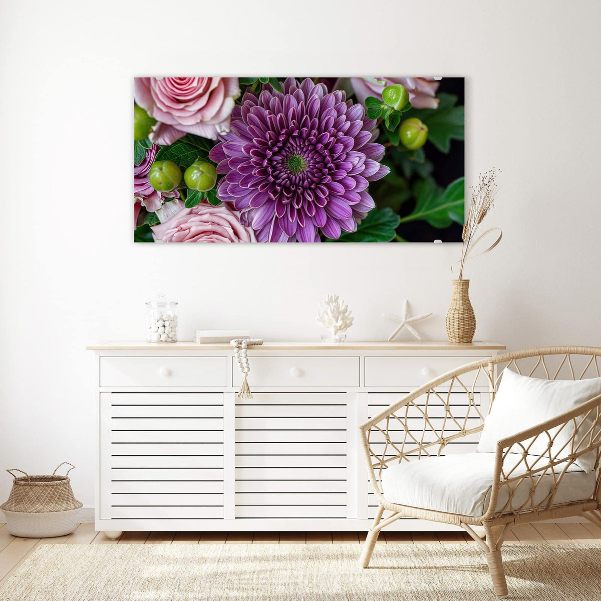 Echtglas, 4 mm – kein Acryl, keine Folie – Wandbild - Rosen und Chrysantheme - Querformat