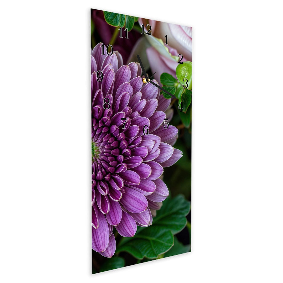 Vormontiert – mit Schwebeeffekt – Wanduhr Sanfte Blumenarrangement aus Glas – Hochformat 30 × 60 cm