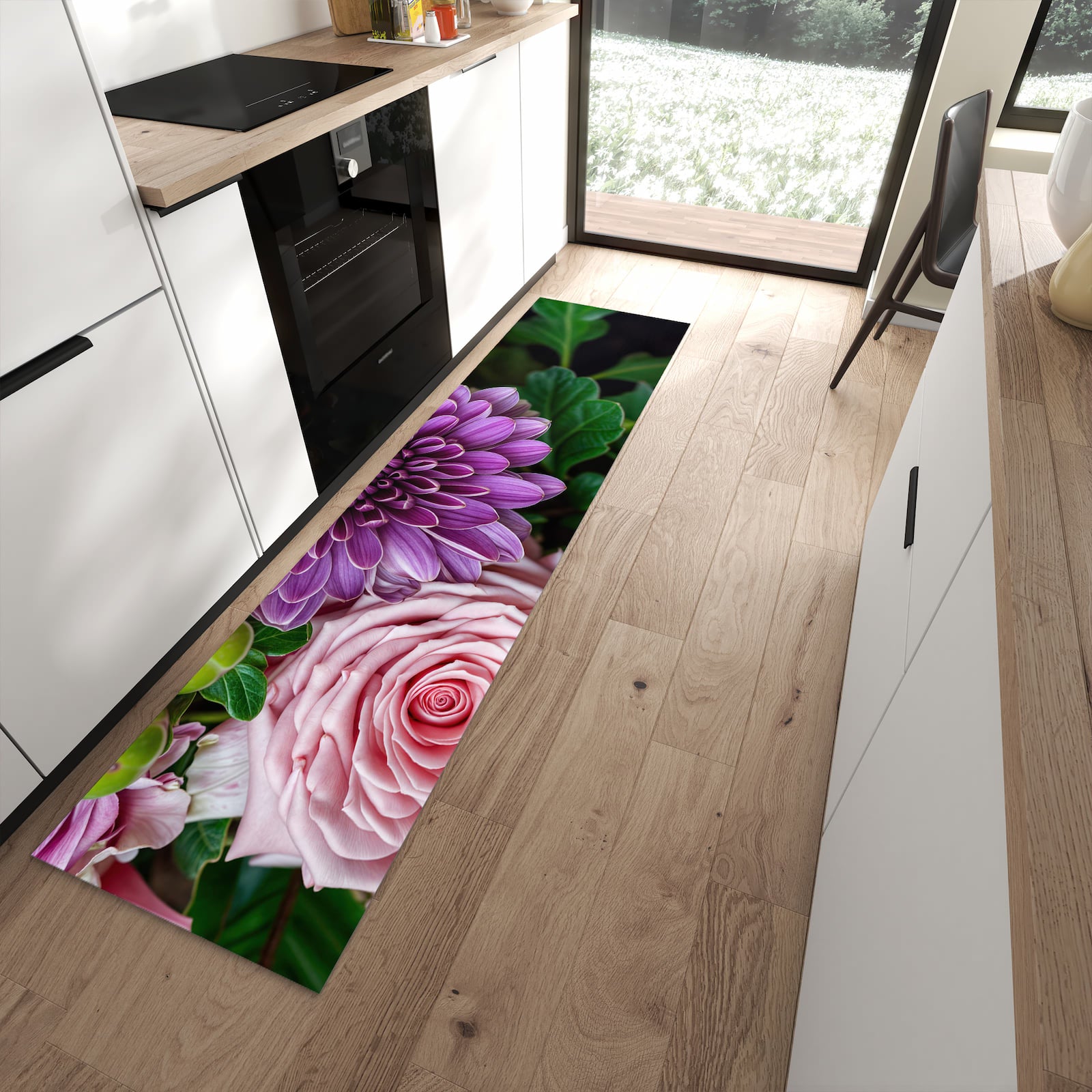 Flacher Küchenteppich mit Motiv Sanfte Blumenarrangement in moderner Küche