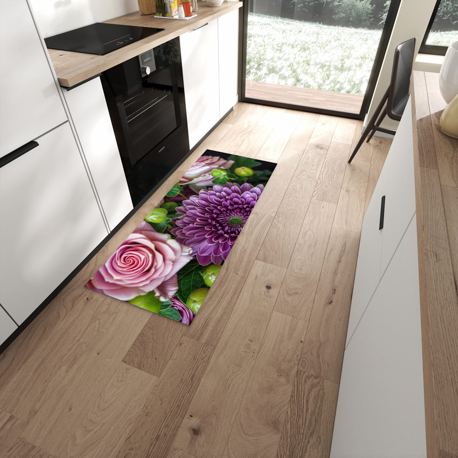 Geruchsneutraler Küchenteppich mit Motiv Sanfte Blumenarrangement in moderner Küche #grösse_60 x 150 cm