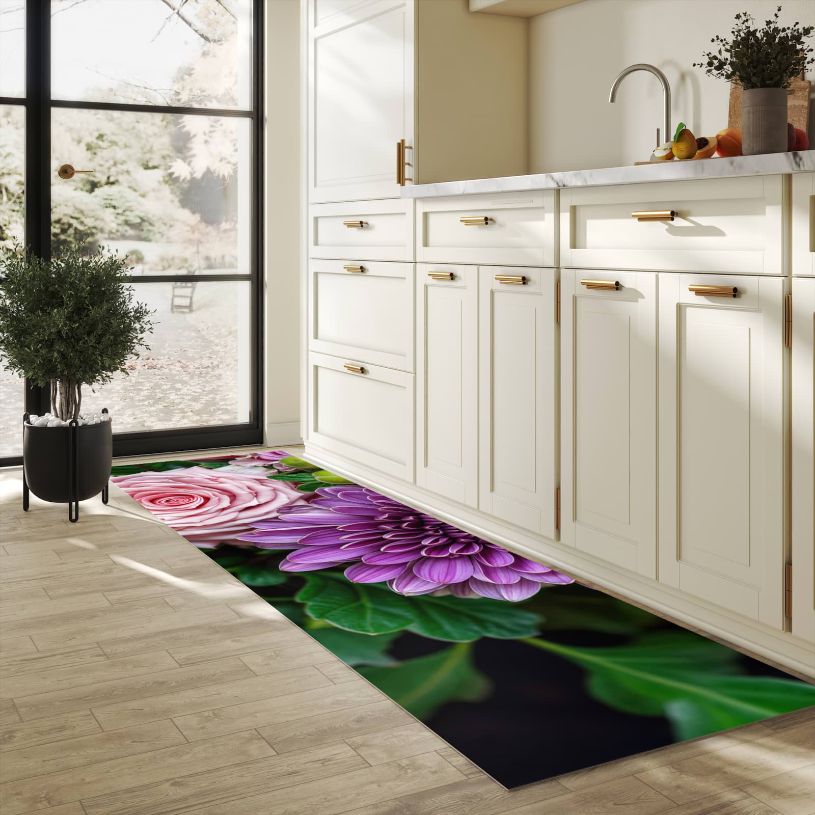 Flacher Küchenläufer nach Maß mit Motiv Sanfte Blumenarrangement in heller Küche