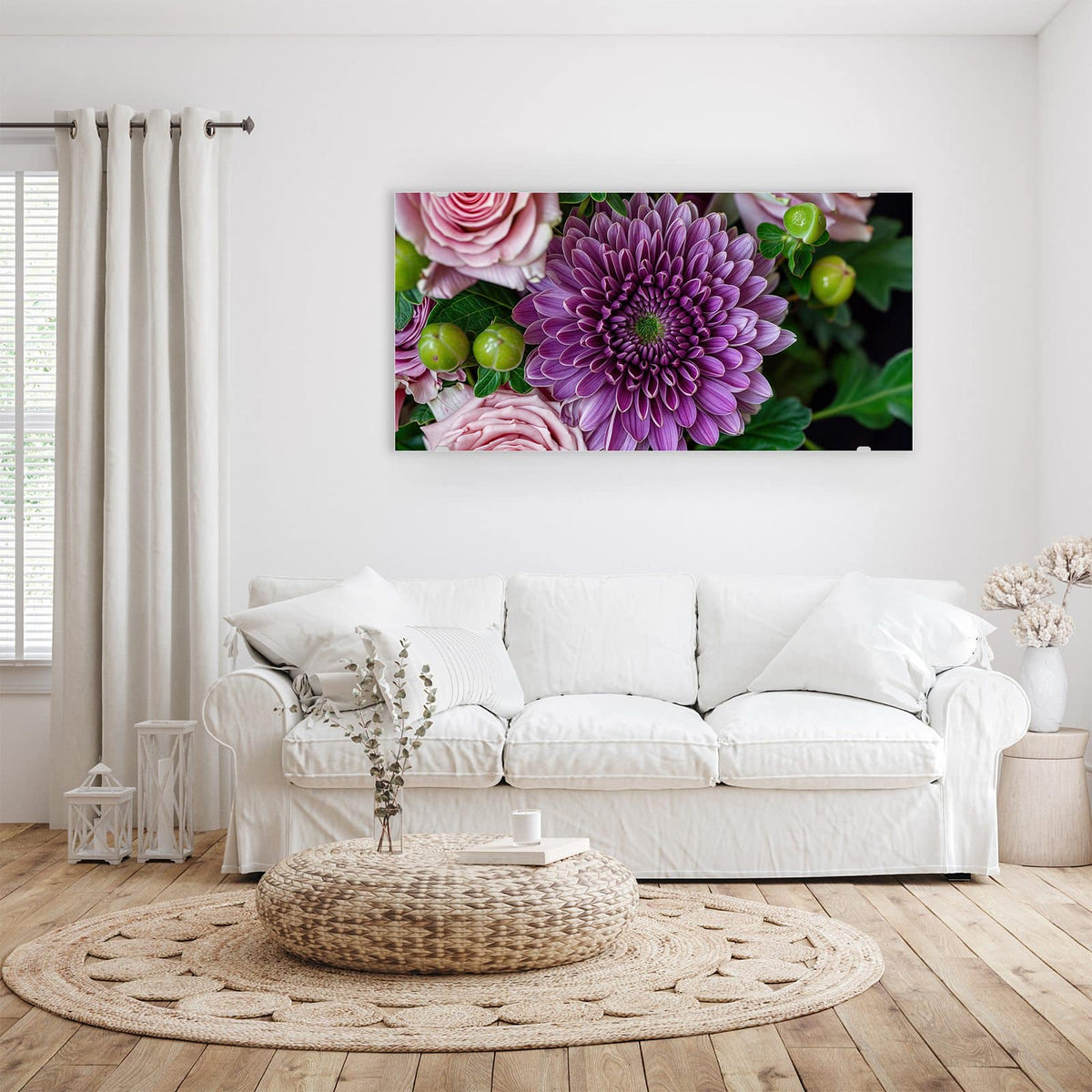 Aufhängung liegt bei – Motiv später wechselbar – Wandbild - Rosen und Chrysantheme - Querformat