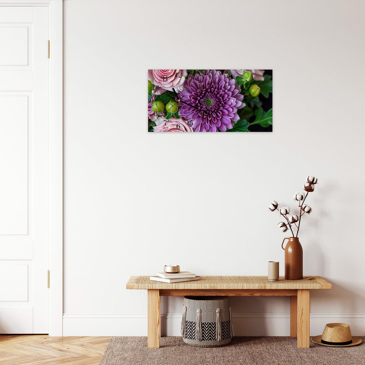 Moderne Wanduhr aus Glas mit Farbtiefe – Wanduhr Sanfte Blumenarrangement aus Glas – Querformat 60 × 30 cm