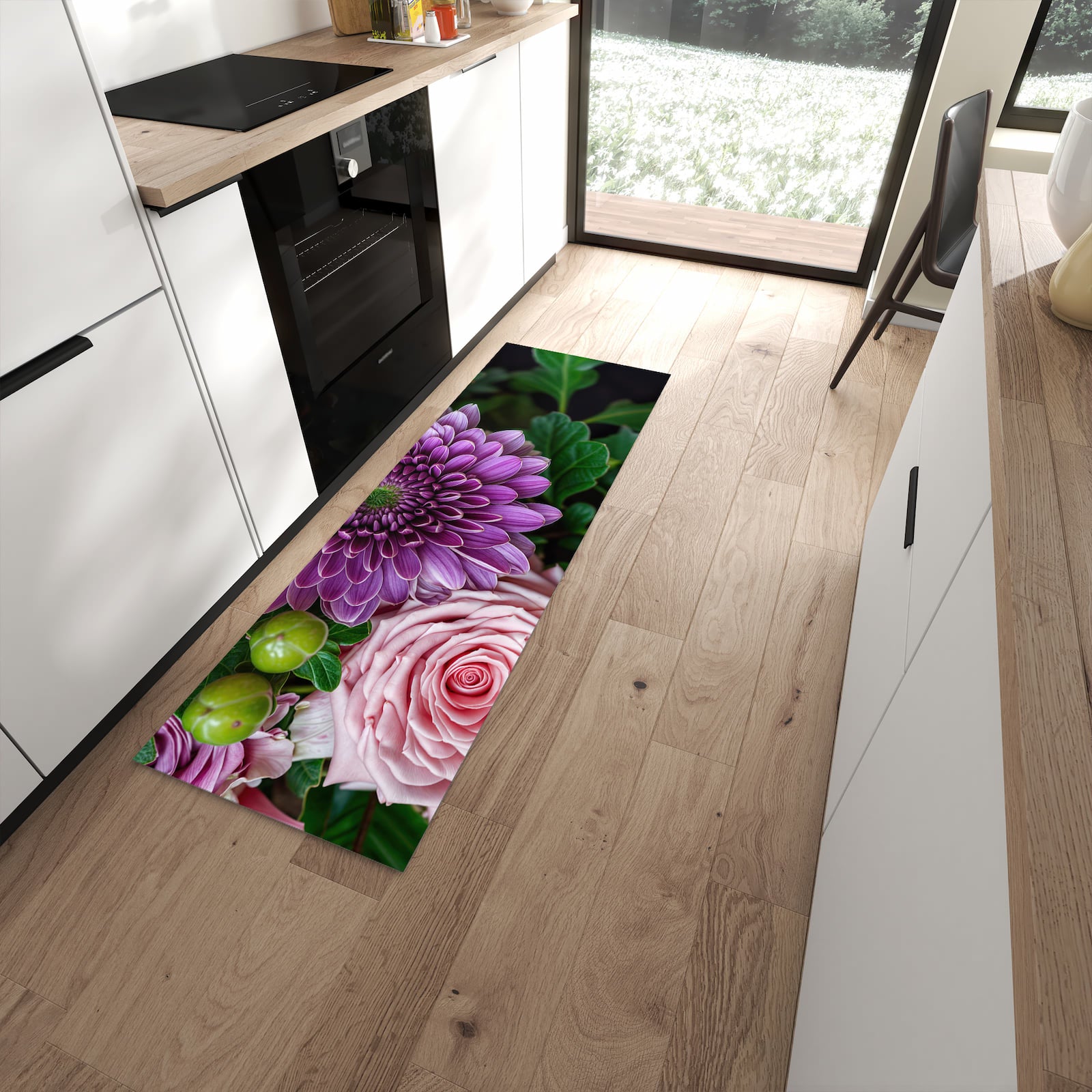 Langlebiger Küchenteppich mit Motiv Sanfte Blumenarrangement in moderner Küche