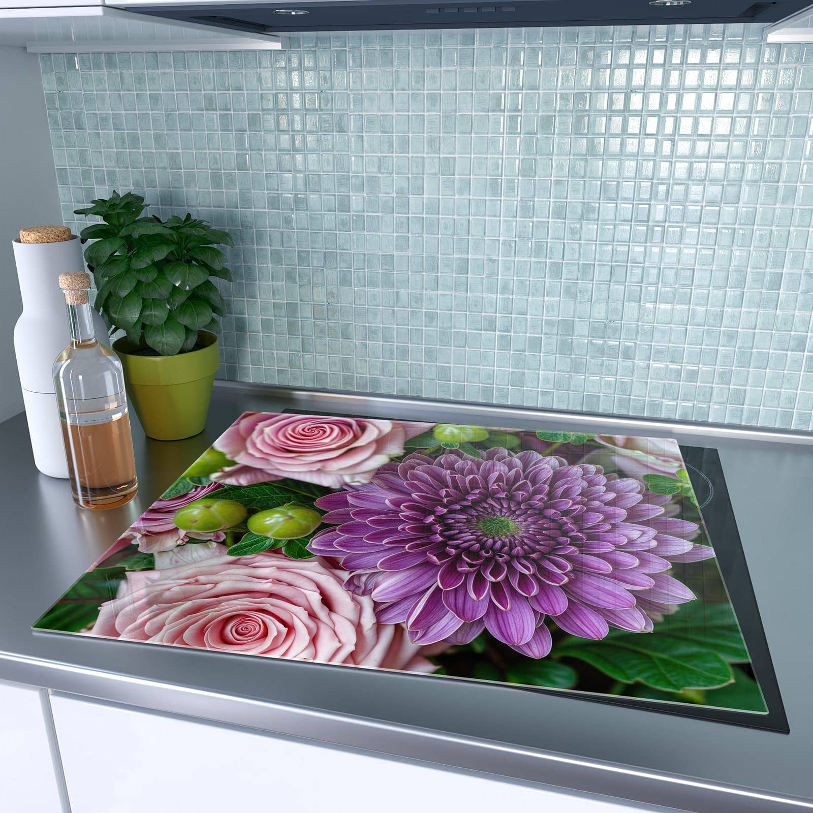 1-teilige Ceranfeld Abdeckplatten mit Sanfte Blumenarrangement-Motiv auf dem Ceranfeld