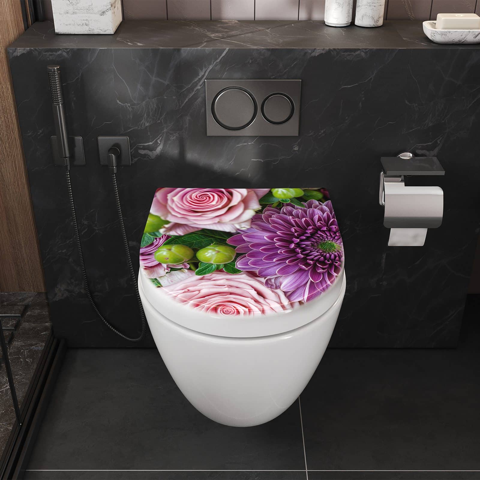 WC-Sitz mit Absenkautomatik Sanfte Blumenarrangement