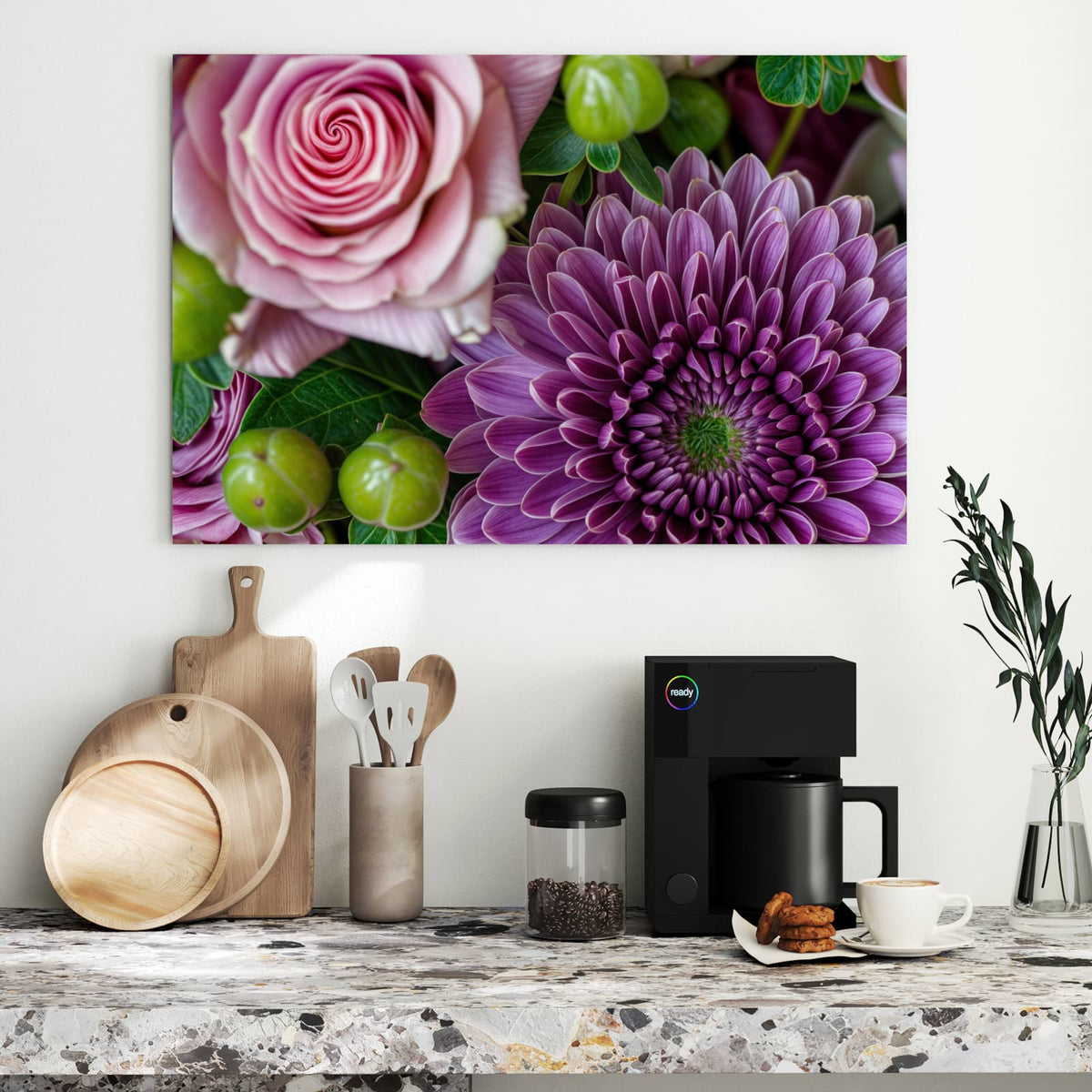 Metall Magnettafel - Rosen und Chrysantheme – Rosa Rosen mit purpurner Chrysantheme