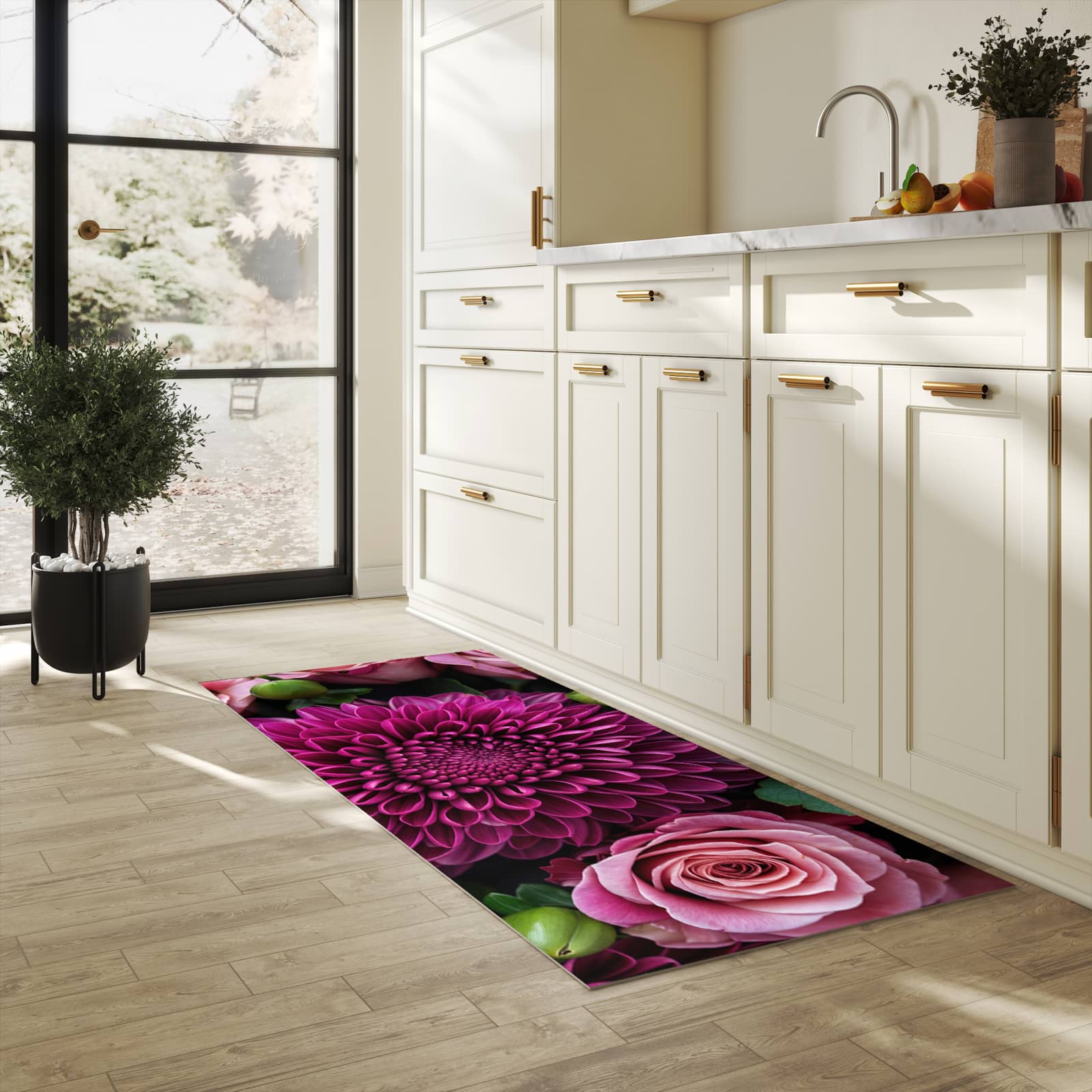 Rutschfester Küchenteppich mit Motiv Stille Blumenarrangement in heller Küche schützt den Boden