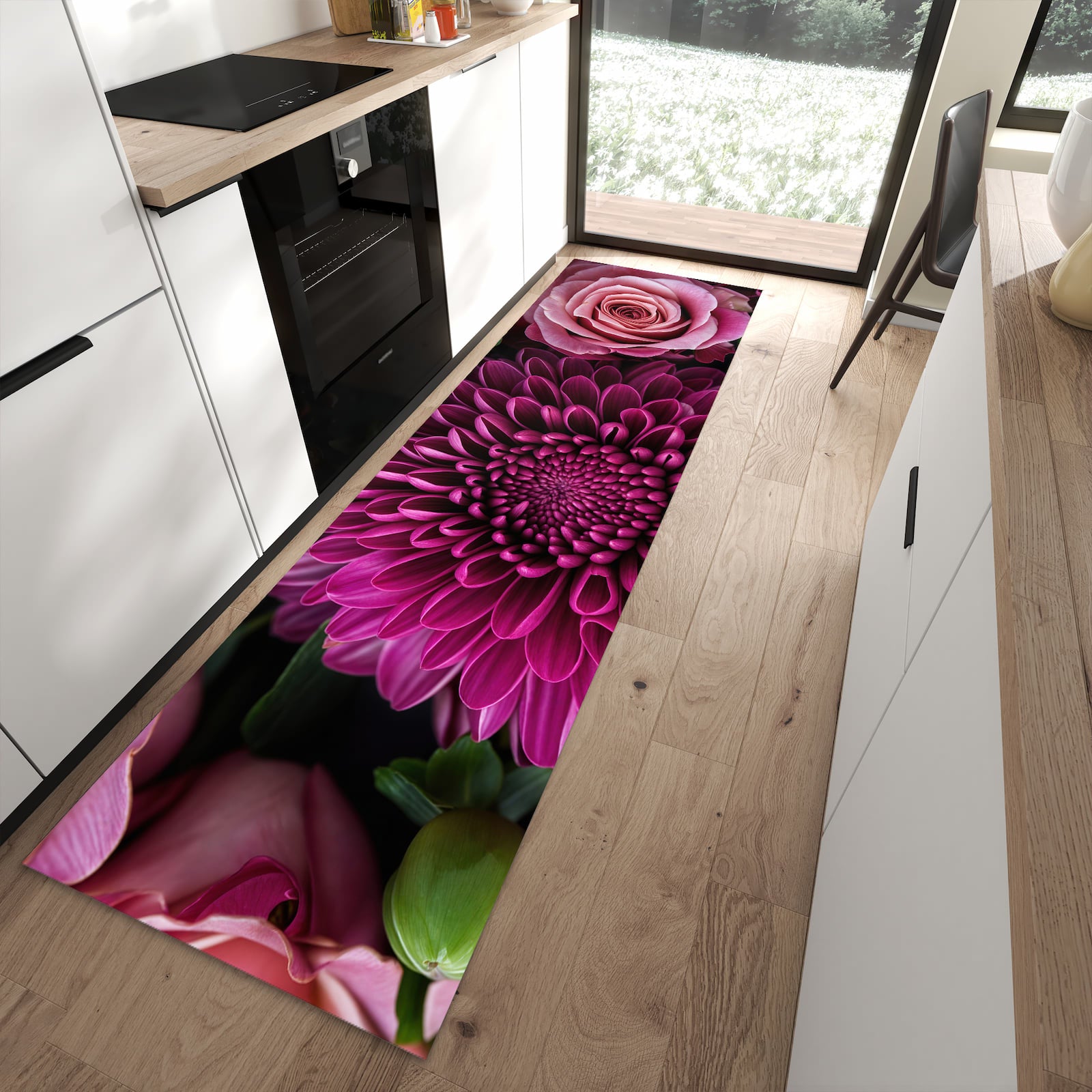 UV-beständiger Küchenläufer mit Motiv Stille Blumenarrangement in moderner Küche - waschbar