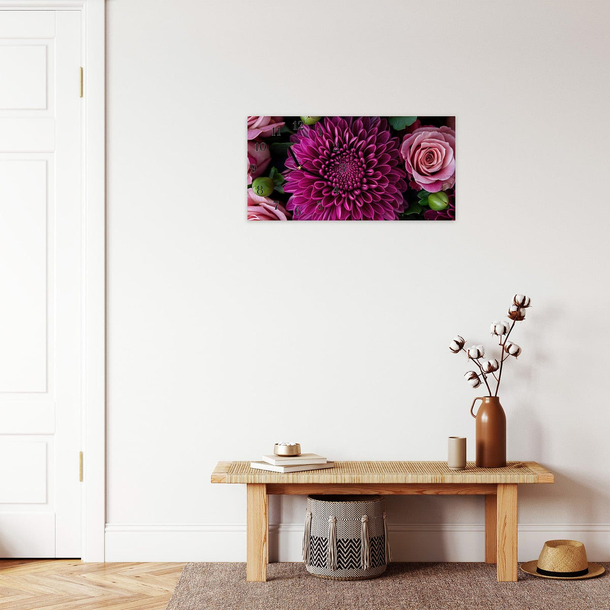Moderne Wanduhr aus Glas mit Farbtiefe – Wanduhr Stille Blumenarrangement aus Glas – Querformat 60 × 30 cm