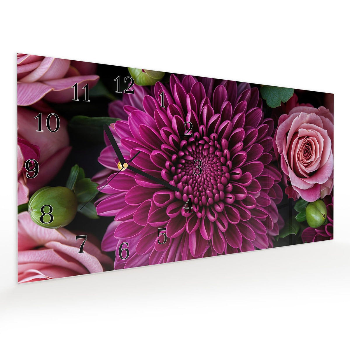 Vormontiert – mit Schwebeeffekt – Wanduhr Stille Blumenarrangement aus Glas – Querformat 60 × 30 cm