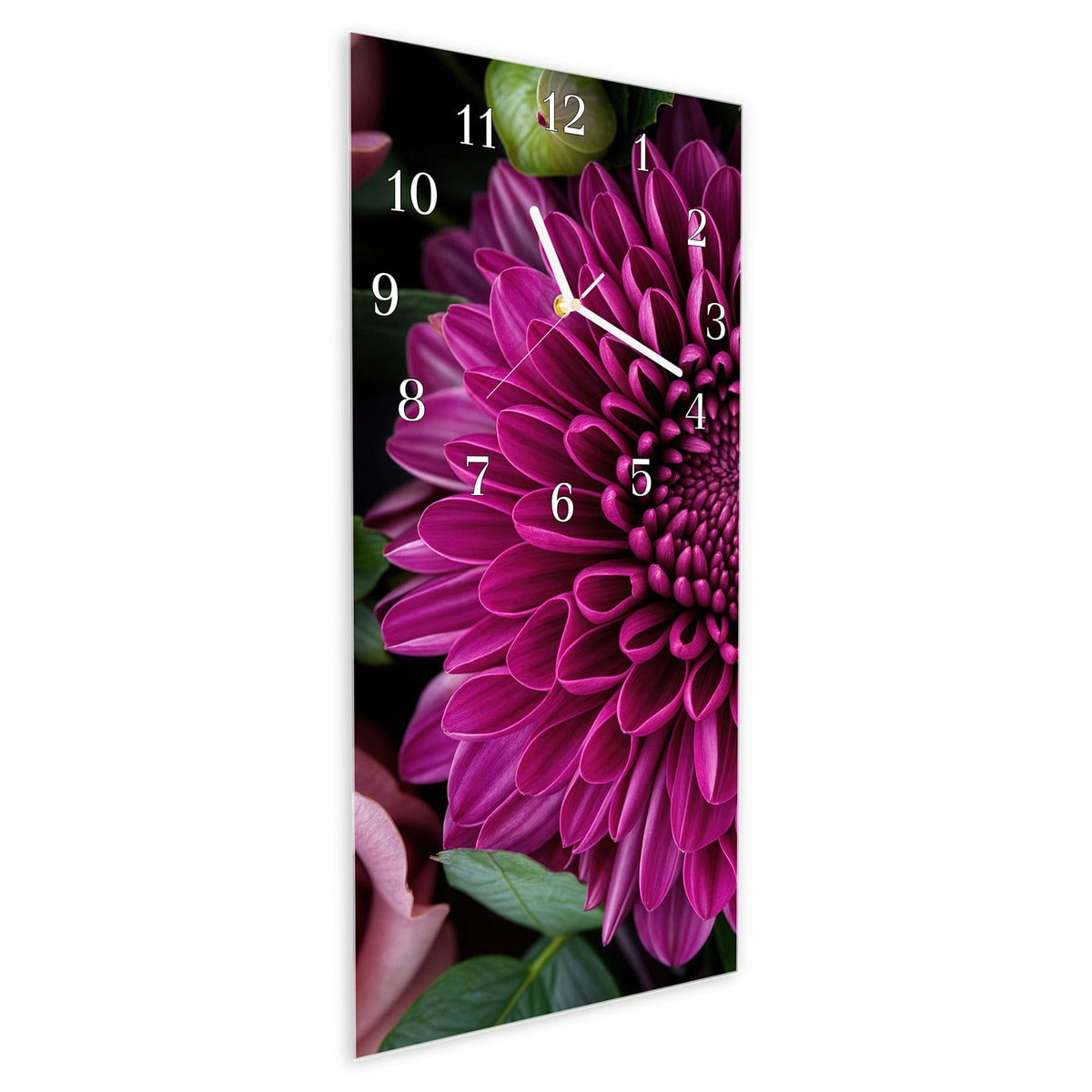 Vormontiert – mit Schwebeeffekt – Wanduhr Stille Blumenarrangement aus Glas – Hochformat 30 × 60 cm
