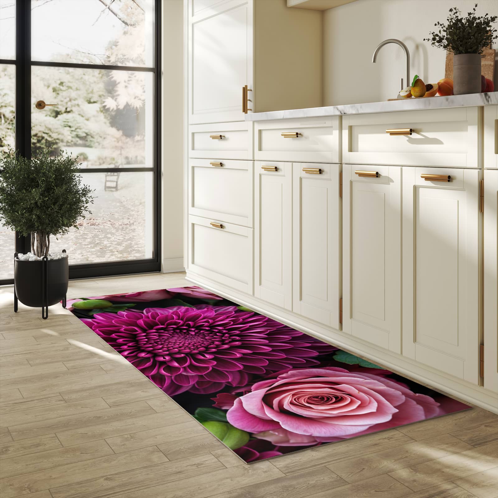 Rutschfester Küchenteppich mit Motiv Stille Blumenarrangement in heller Küche für sicheren Stand