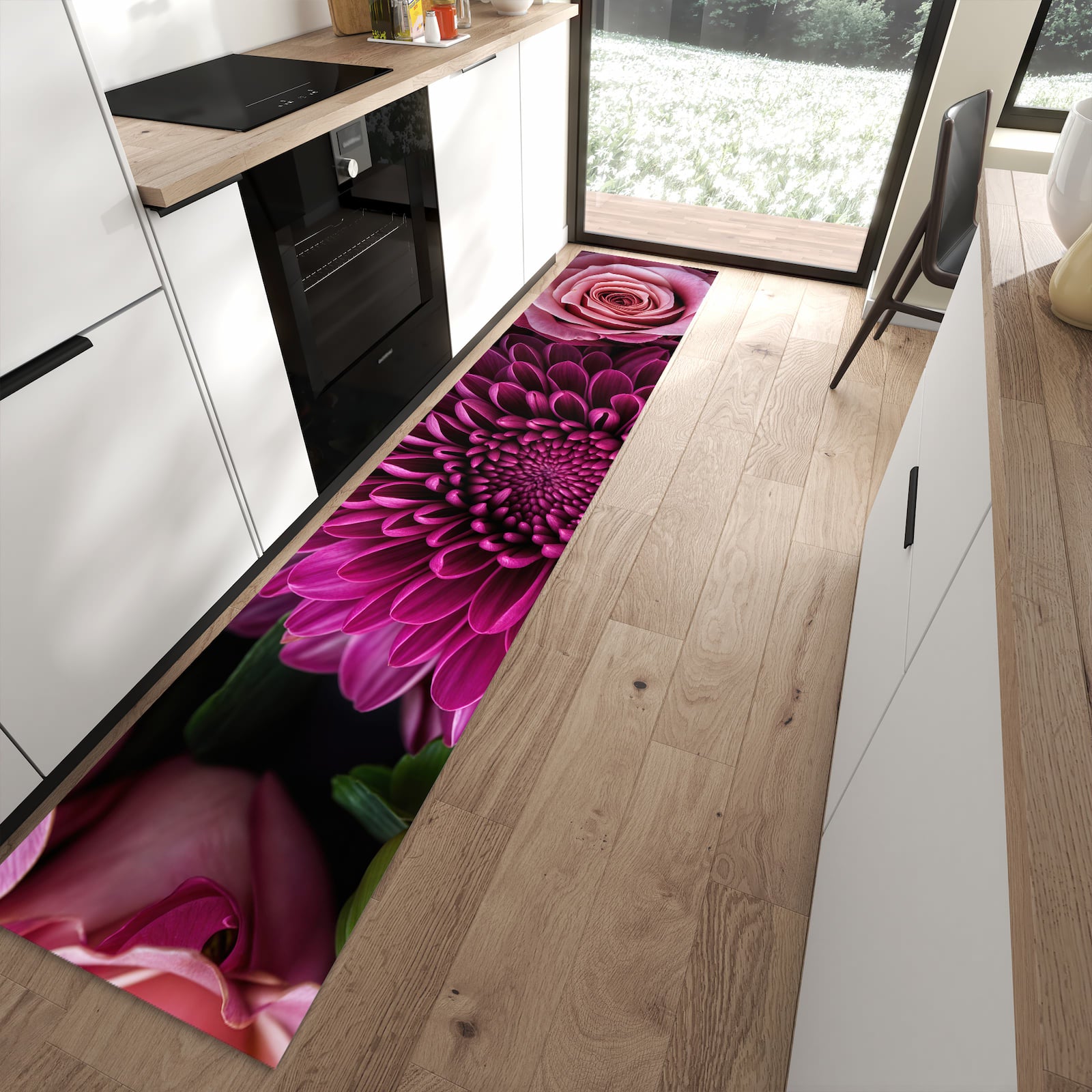 Waschbarer Küchenläufer mit Motiv Stille Blumenarrangement in moderner Küche für sicheres Aufbewahren