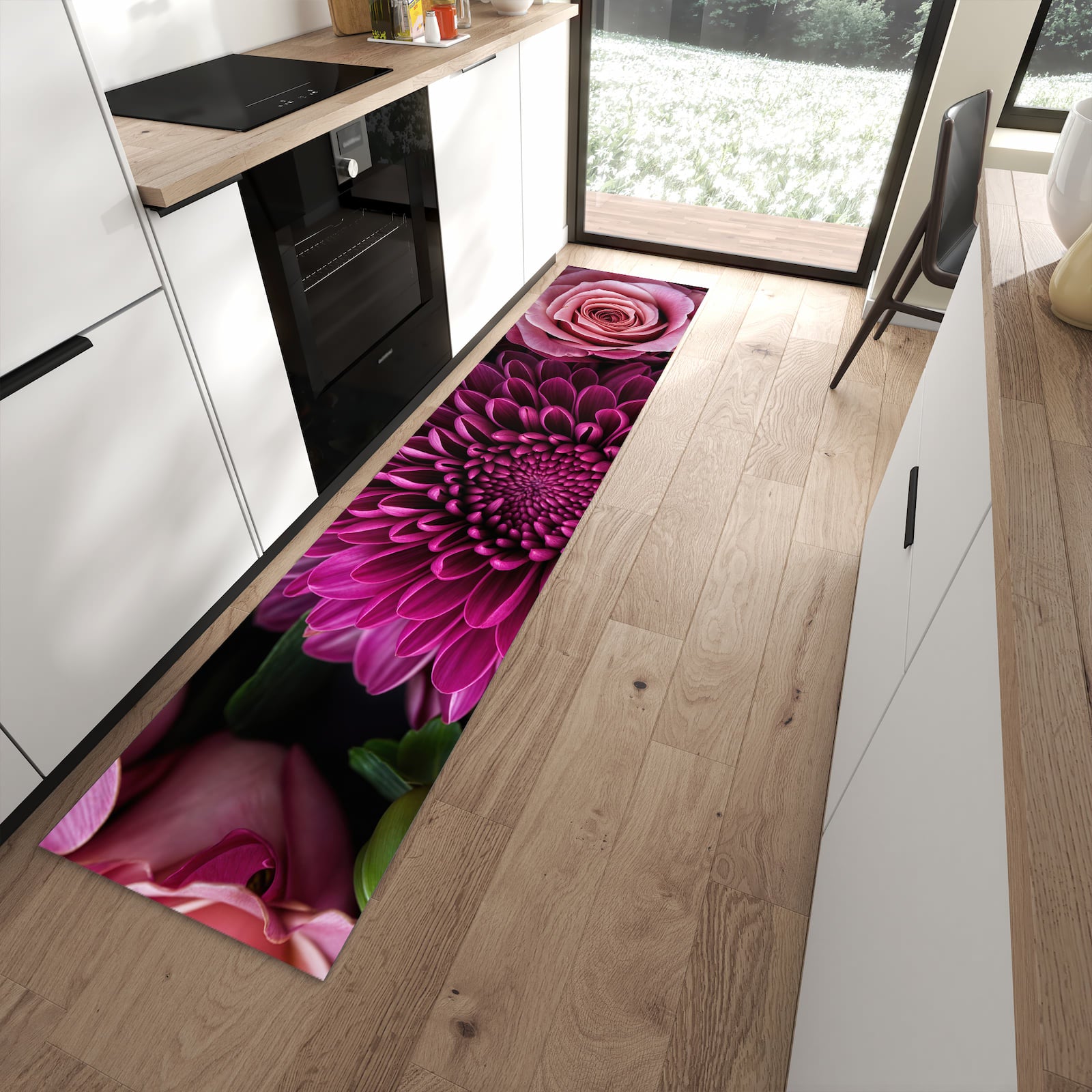 Formstabiler rutschfester Küchenläufer mit Motiv Stille Blumenarrangement in moderner Küche