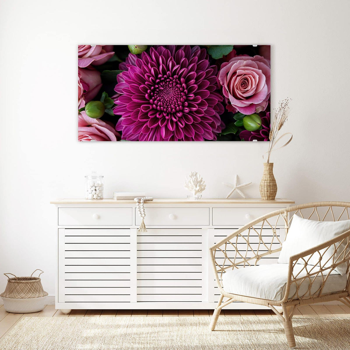 Echtglas, 4 mm – kein Acryl, keine Folie – Wandbild - Magenta Chrysantheme - Querformat