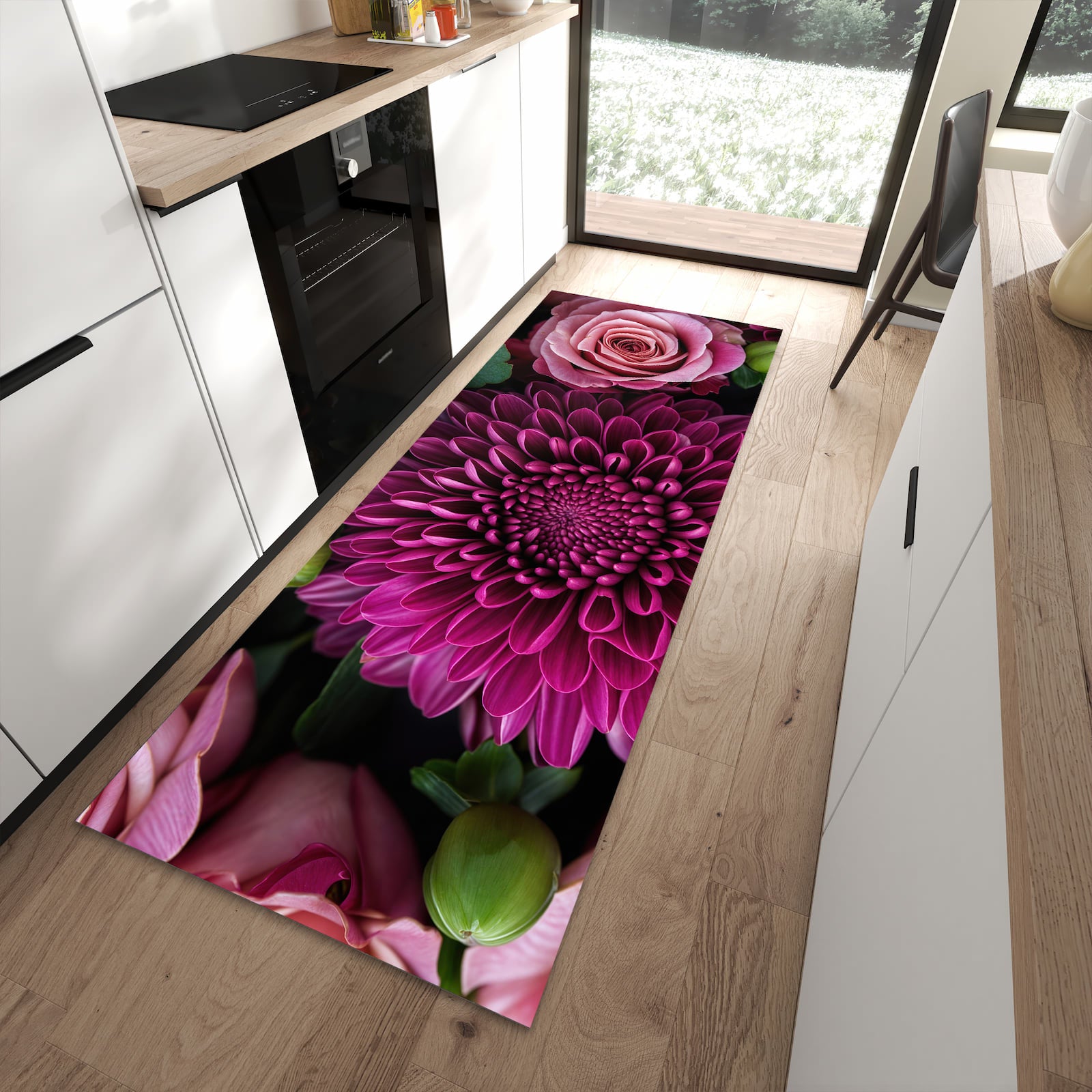 Fleckenresistenter abwaschbarer Küchenteppich mit Motiv Stille Blumenarrangement in moderner Küche