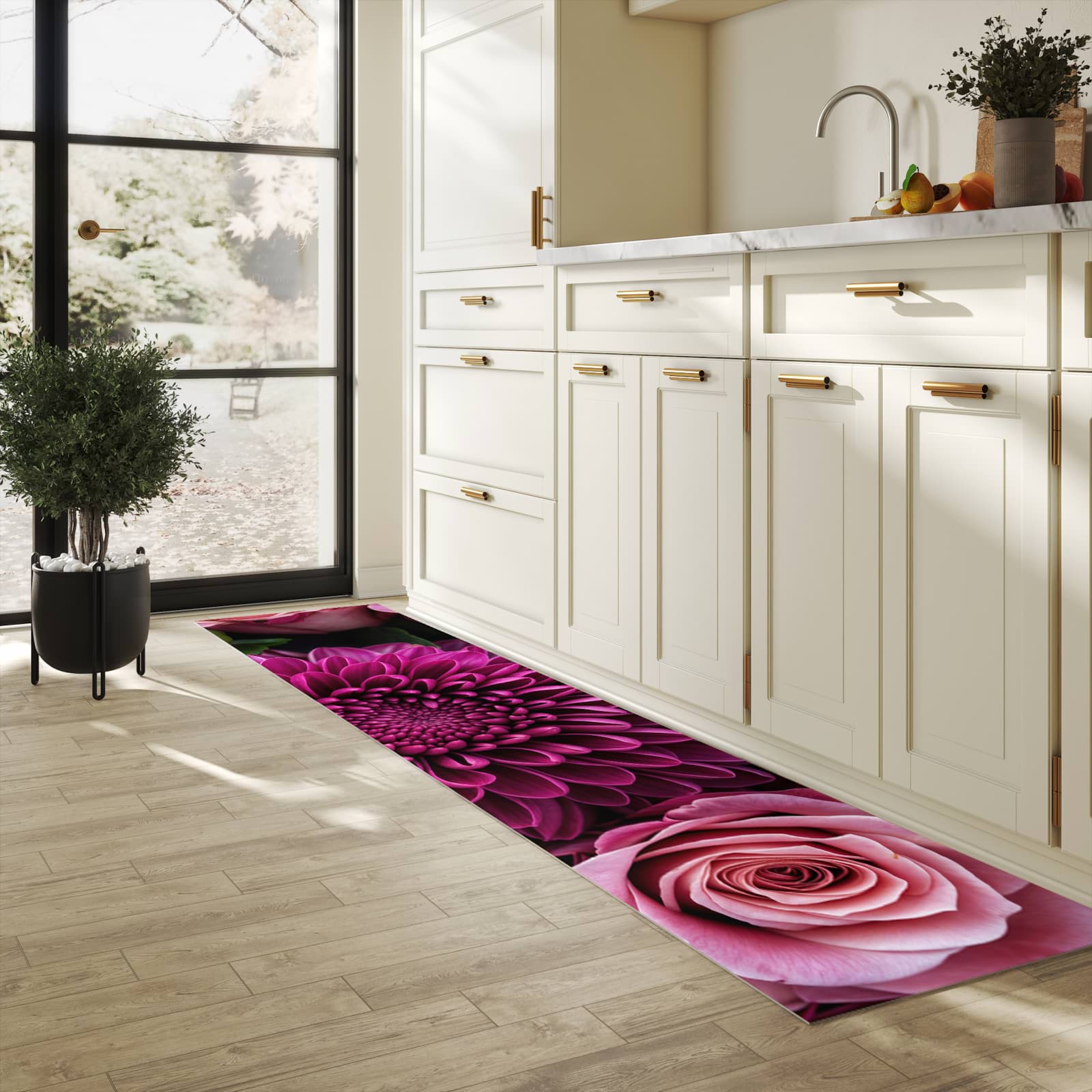 Rutschfester Küchenteppich mit Motiv Stille Blumenarrangement in heller Küche