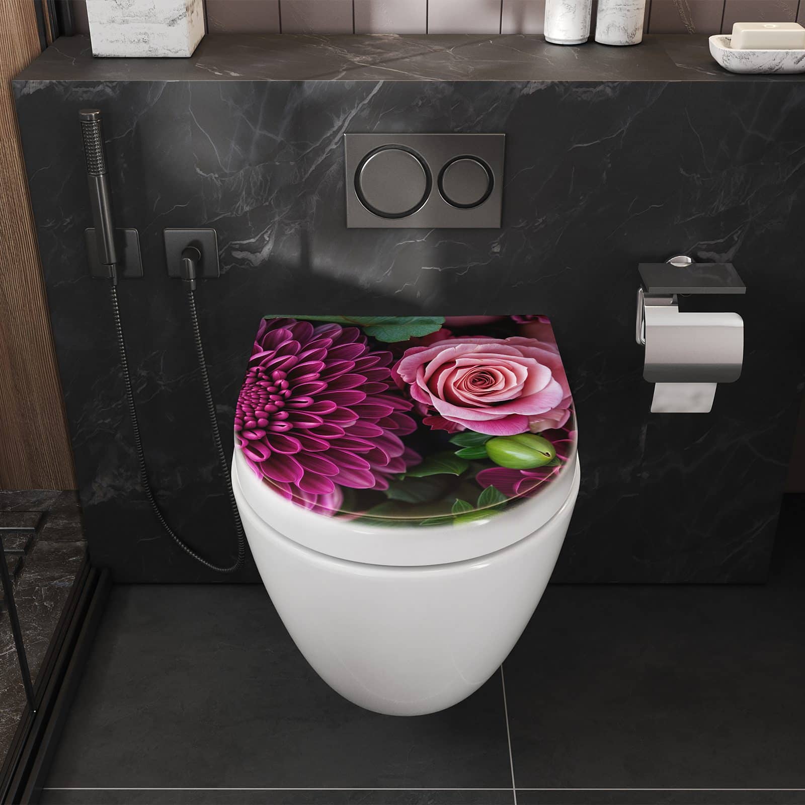 WC-Sitz mit Absenkautomatik Stille Blumenarrangement