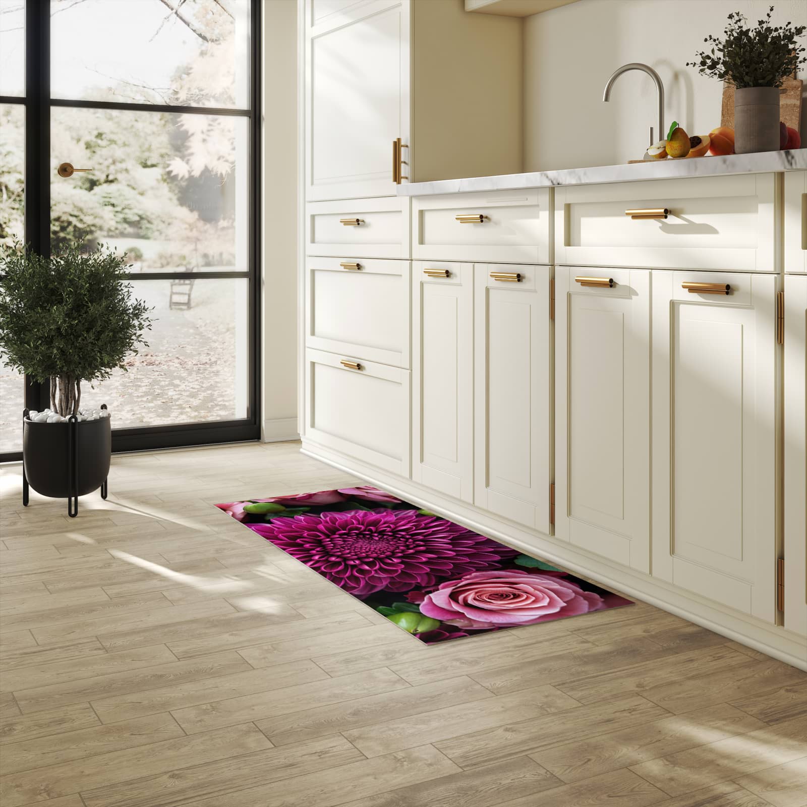 Hygienischer rutschfester Küchenteppich mit Motiv Stille Blumenarrangement in heller Küche