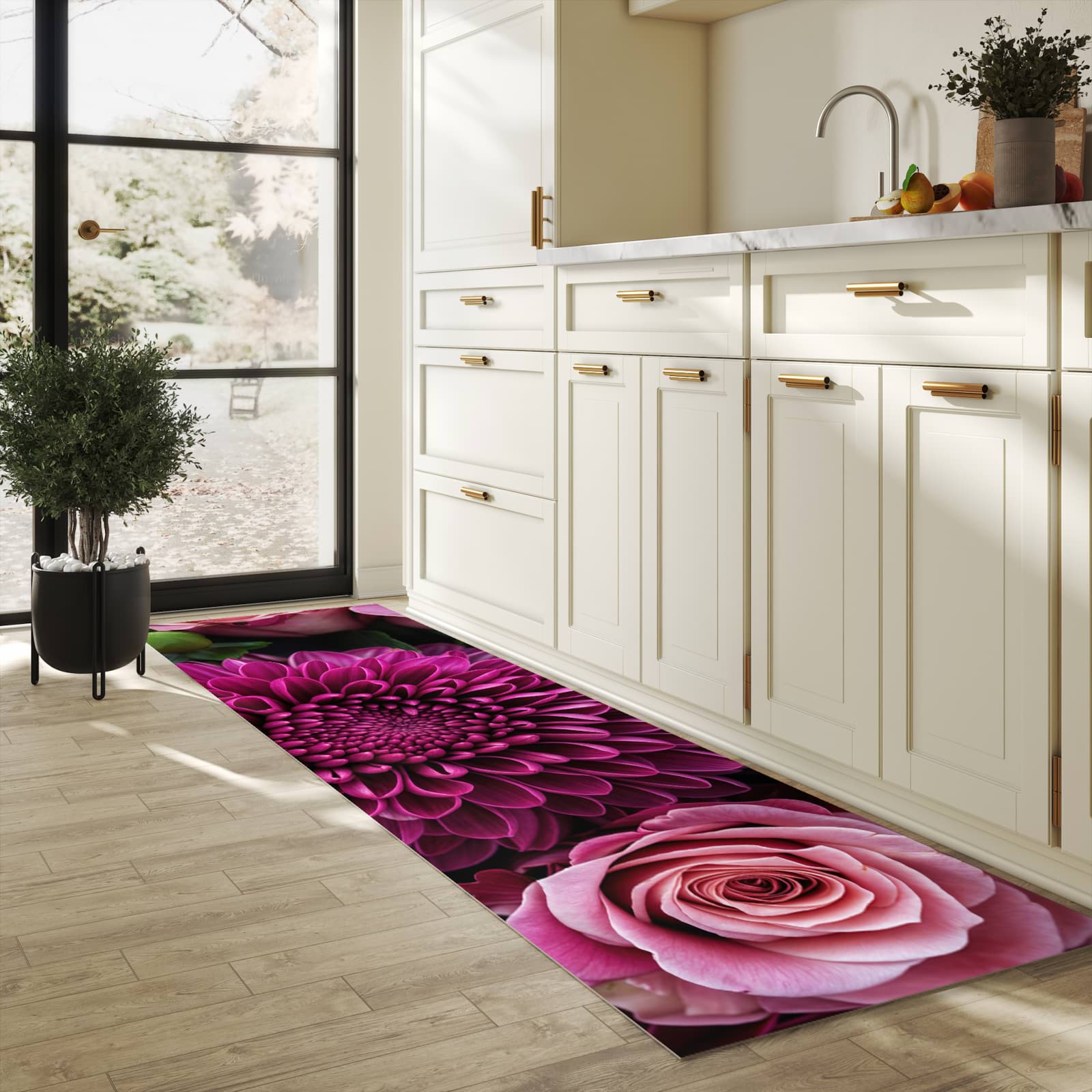 Farbbeständiger waschbarer Küchenteppich mit Motiv Stille Blumenarrangement in heller Küche