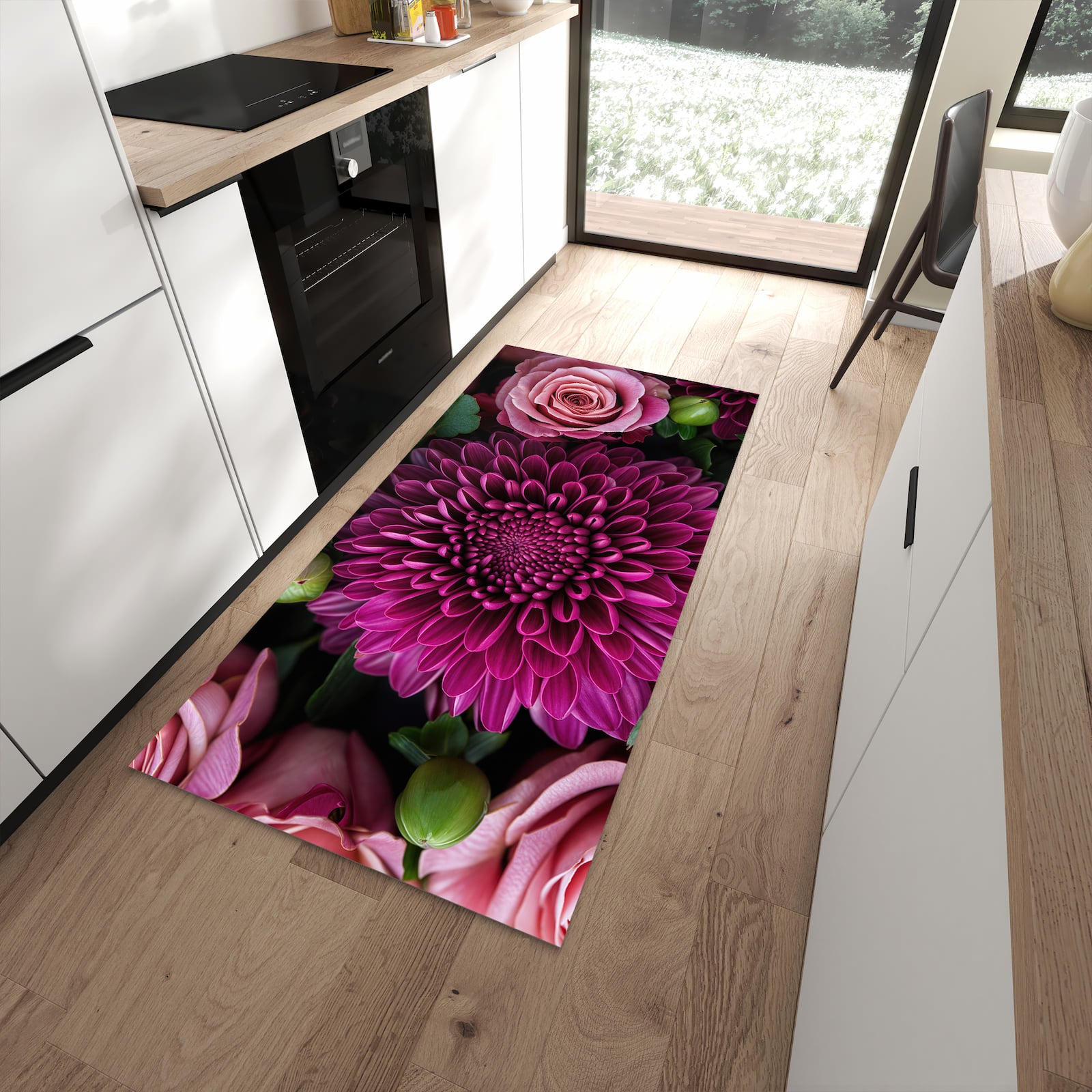 Wasserabweisender Küchenläufer mit Motiv Stille Blumenarrangement in moderner Küche