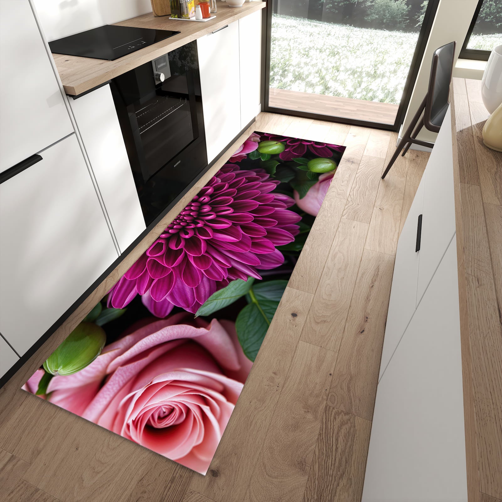 Abriebfester Küchenläufer nach Maß mit Motiv Stille Blumenarrangement in moderner Küche