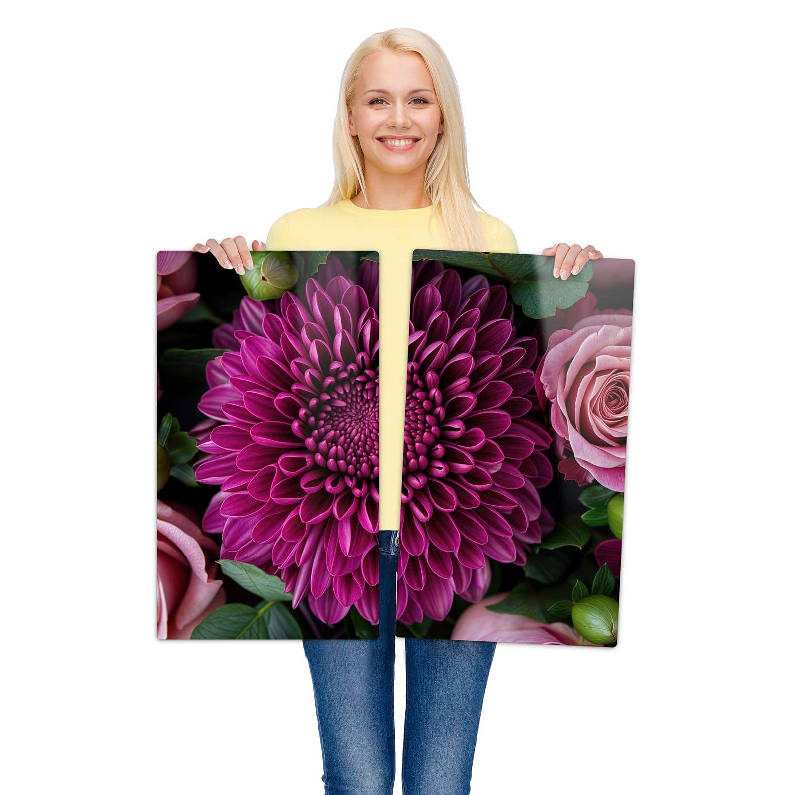 2-teilige Herdplattenabdeckung mit Stille Blumenarrangement-Motiv wird zur Größendarstellung gehalten