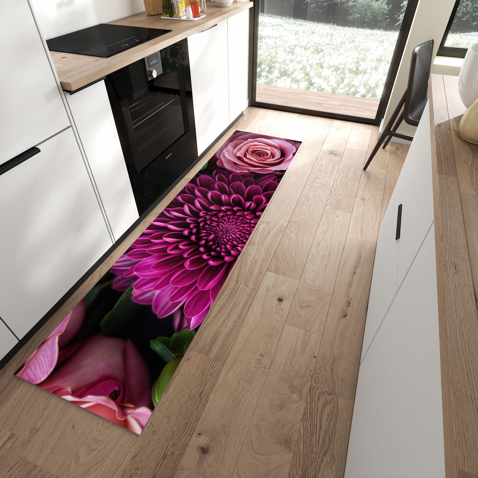 Farbbeständiger rutschfester Küchenläufer mit Motiv Stille Blumenarrangement in moderner Küche