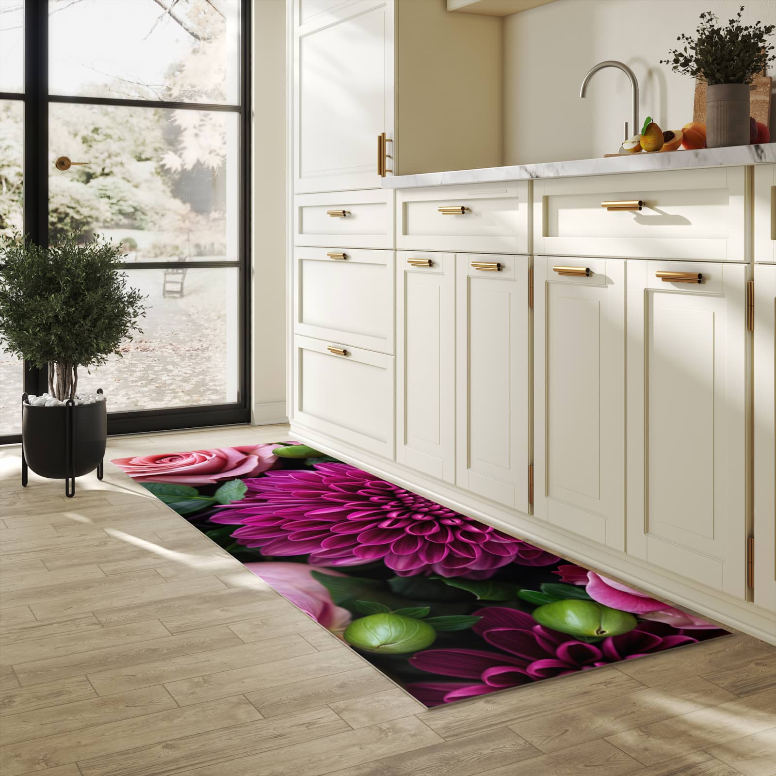 Küchenteppich mit Motiv Stille Blumenarrangement für Ordnung in heller Küche