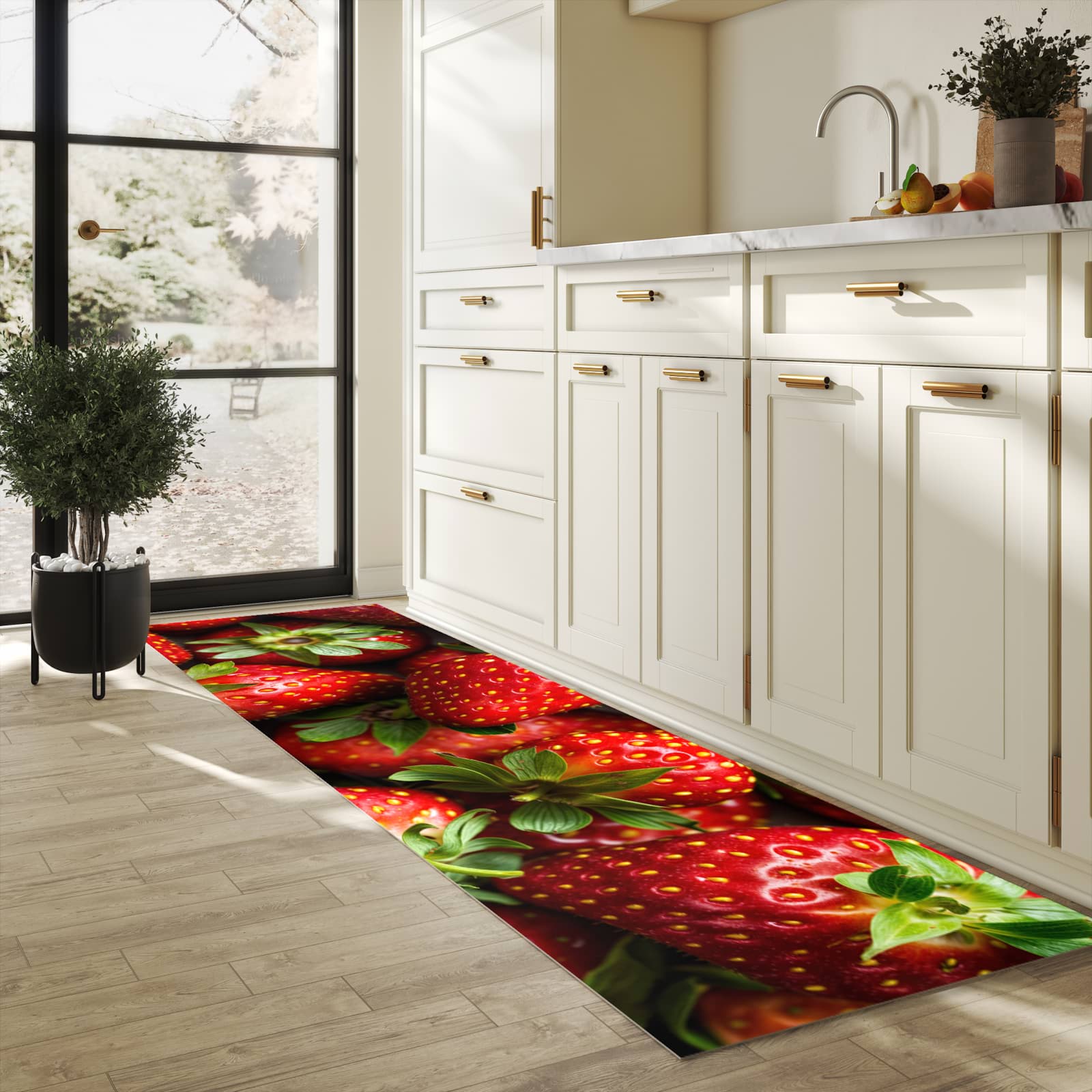 Komfortabler rutschfester Küchenteppich mit Motiv Frische Erdbeeren in heller Küche