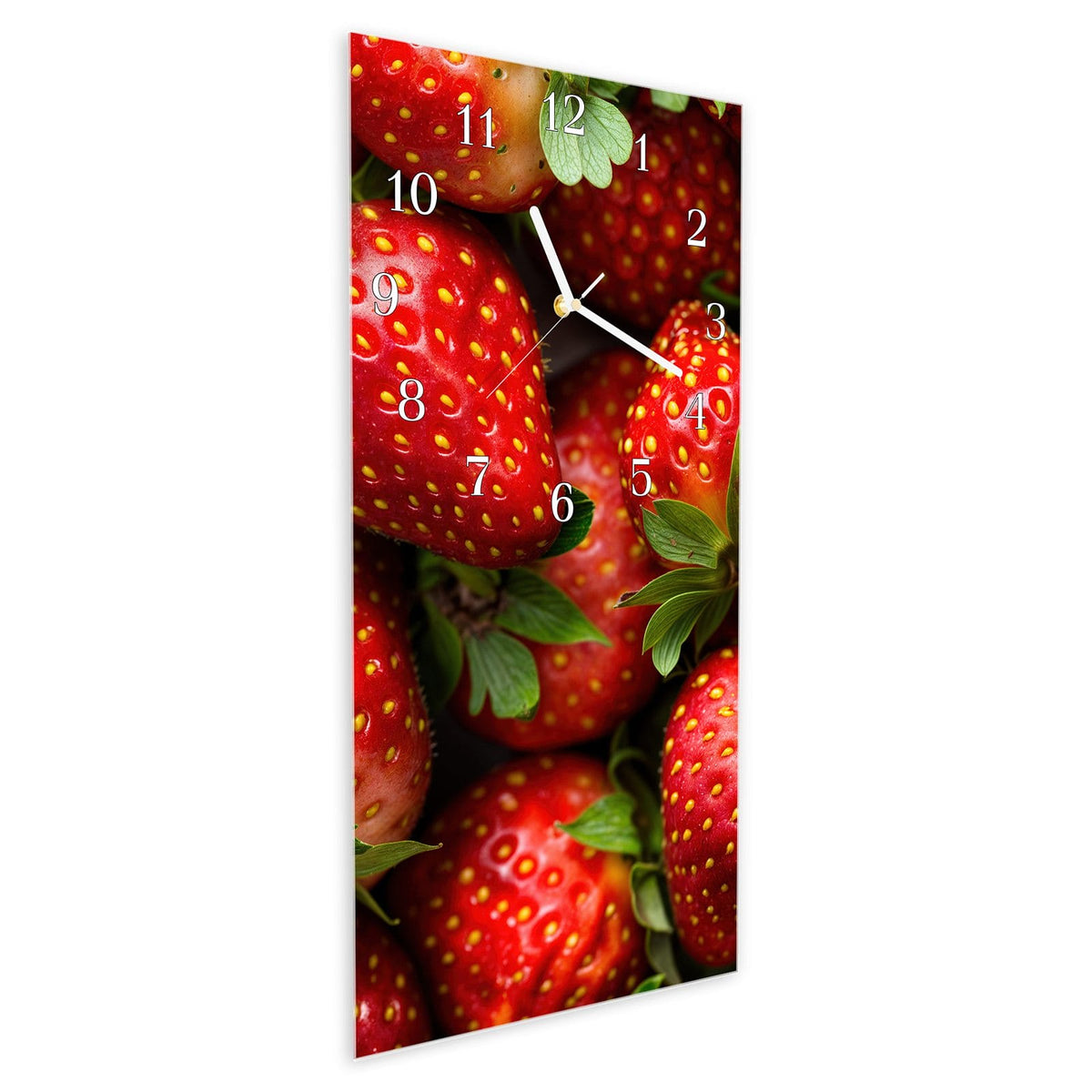 Vormontiert – mit Schwebeeffekt – Wanduhr Frische Erdbeeren aus Glas – Hochformat 30 × 60 cm