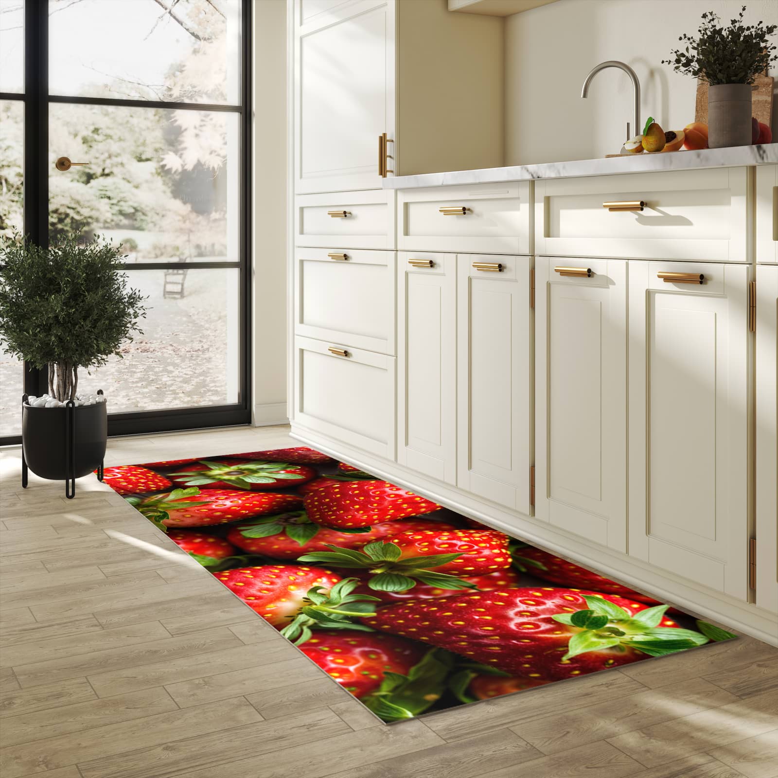 Waschbarer Teppich fürs Esszimmer mit Motiv Frische Erdbeeren in heller Küche