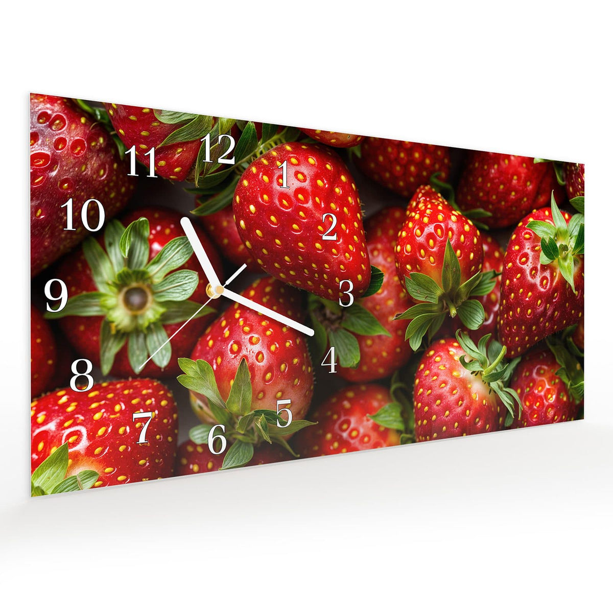 Vormontiert – mit Schwebeeffekt – Wanduhr Frische Erdbeeren aus Glas – Querformat 60 × 30 cm