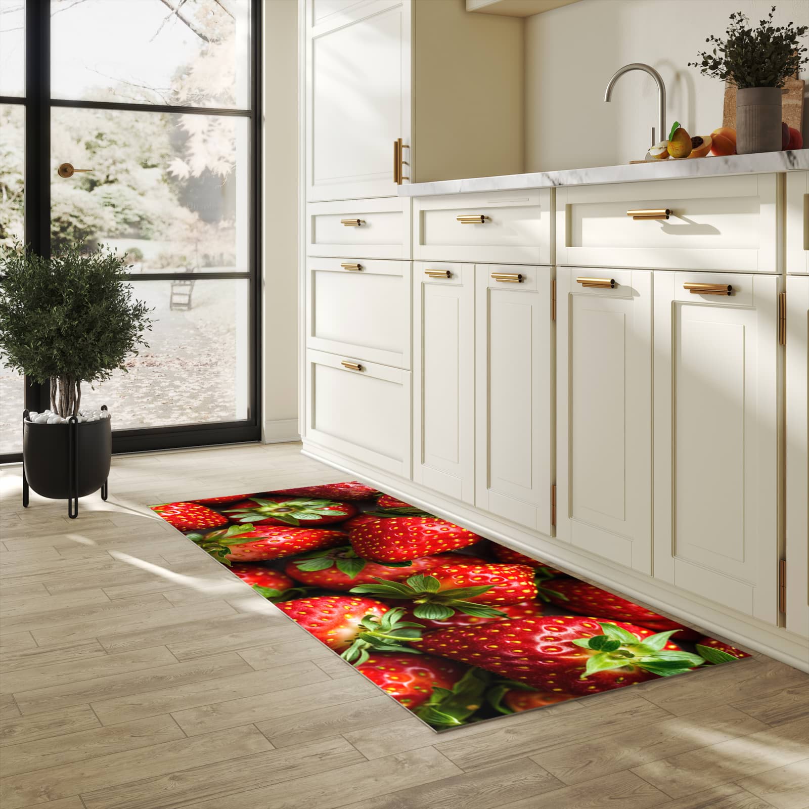 Langlebiger Läufer mit Motiv Frische Erdbeeren für Eingangsbereich in heller Küche