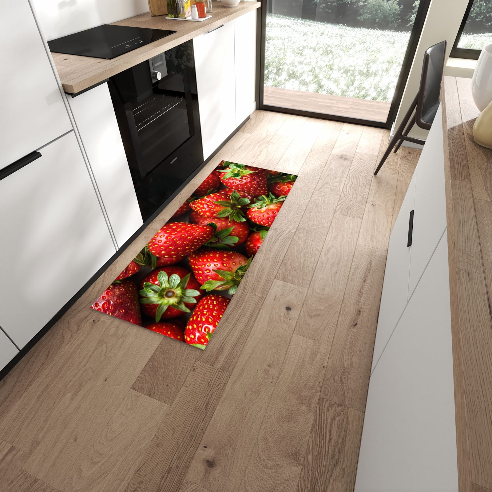 Flacher Bodenläufer mit Motiv Frische Erdbeeren in moderner Küche #grösse_60 x 150 cm