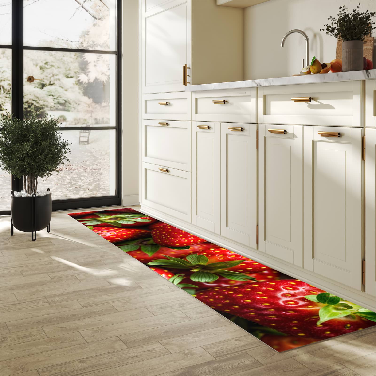 Schmutzabweisender waschbarer Küchenläufer mit Motiv Frische Erdbeeren in heller Küche