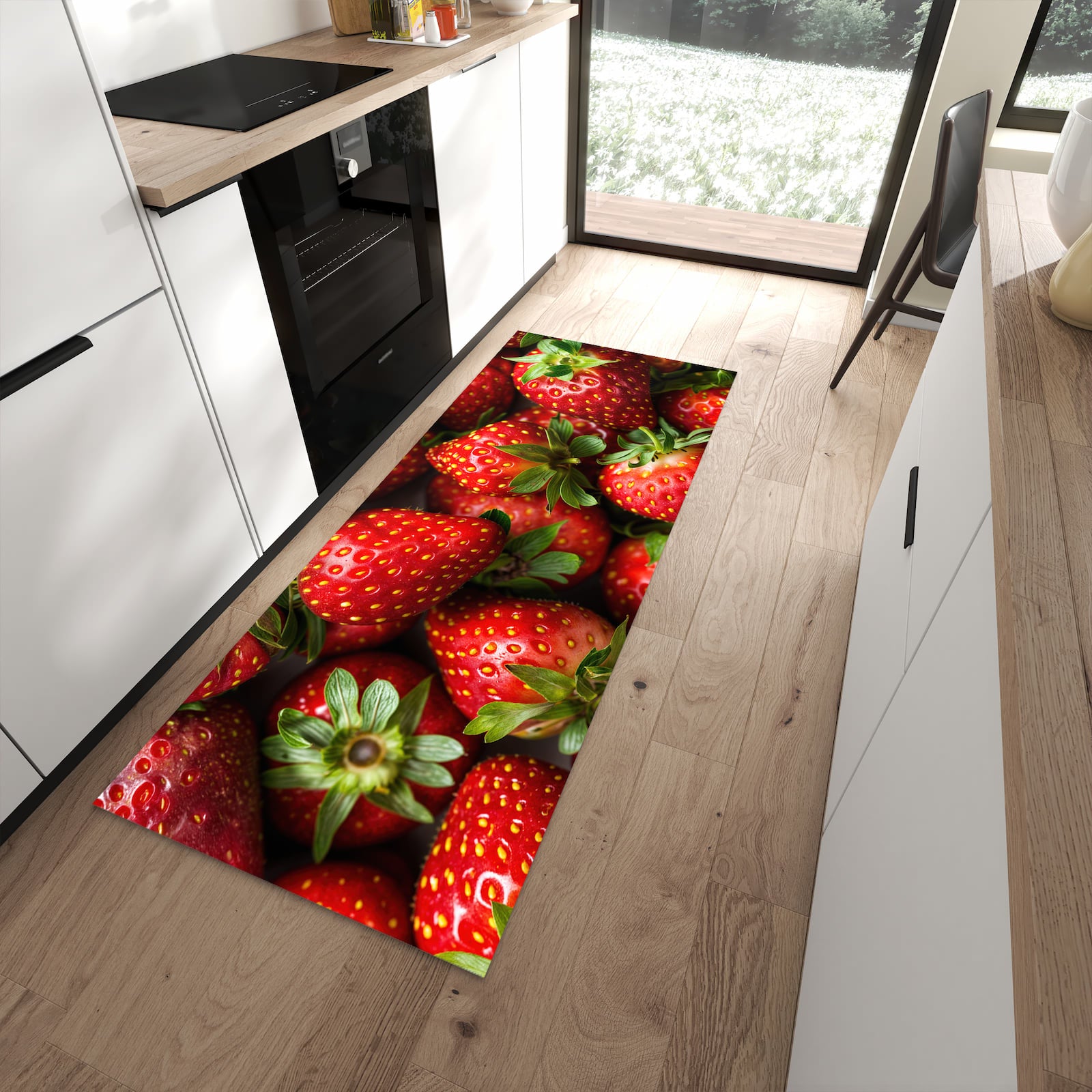 Hygienischer Küchenteppich mit Motiv Frische Erdbeeren in moderner Küche - leicht waschbar