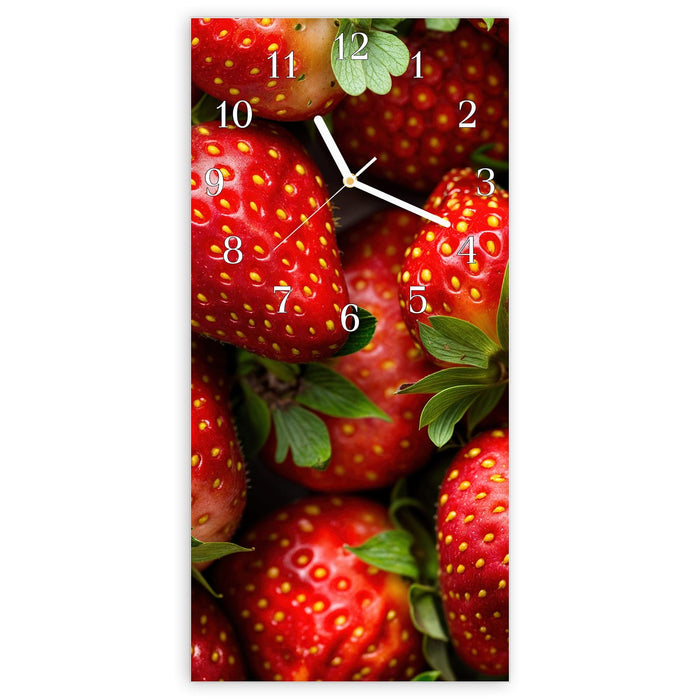 Wanduhr Frische Erdbeeren aus Glas – Hochformat 30 × 60 cm mit Ziffernblatt Klassisch