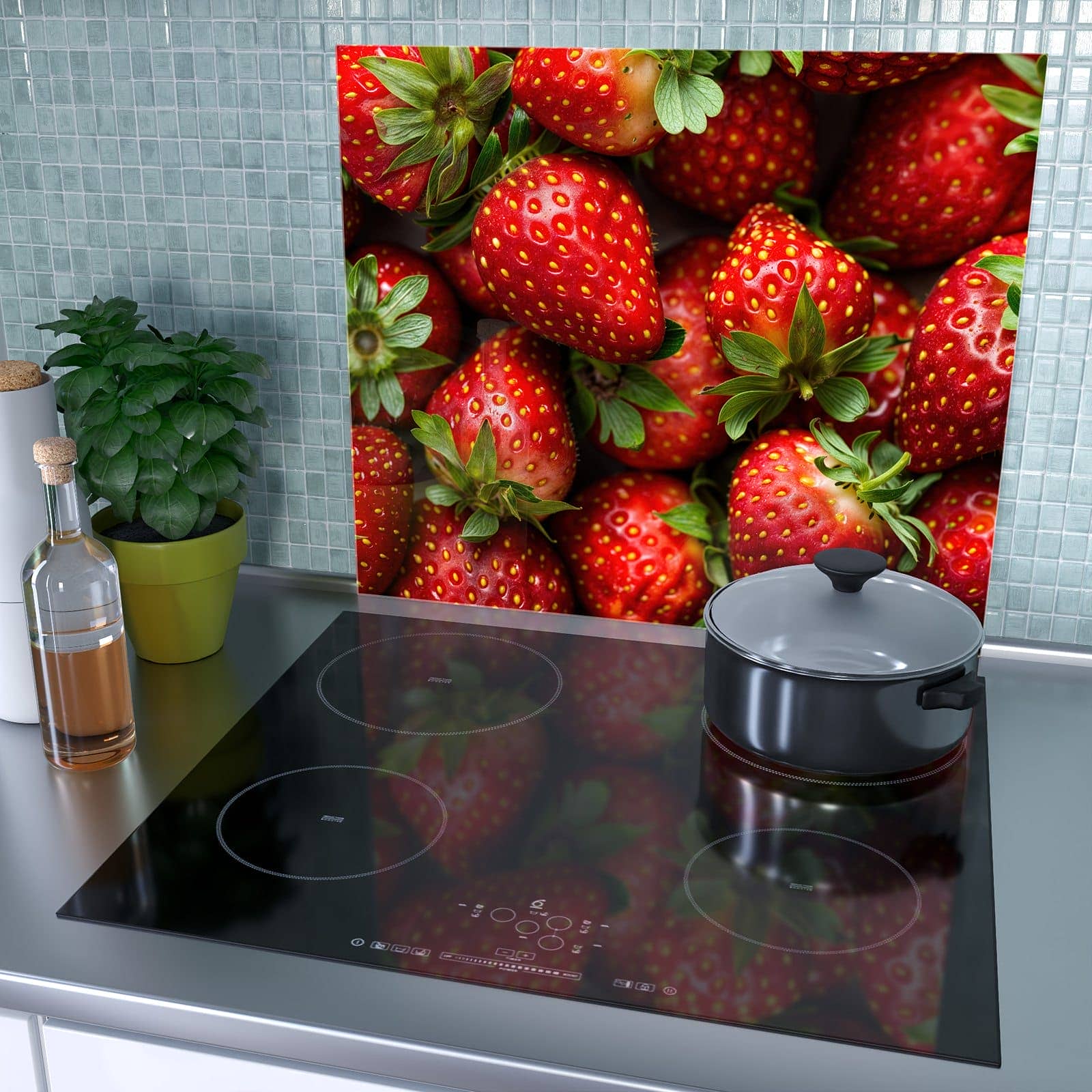 1-teilige Herdabdeckplatte Induktion mit Frische Erdbeeren-Motiv als Spritzschutz hinter dem Kochfeld