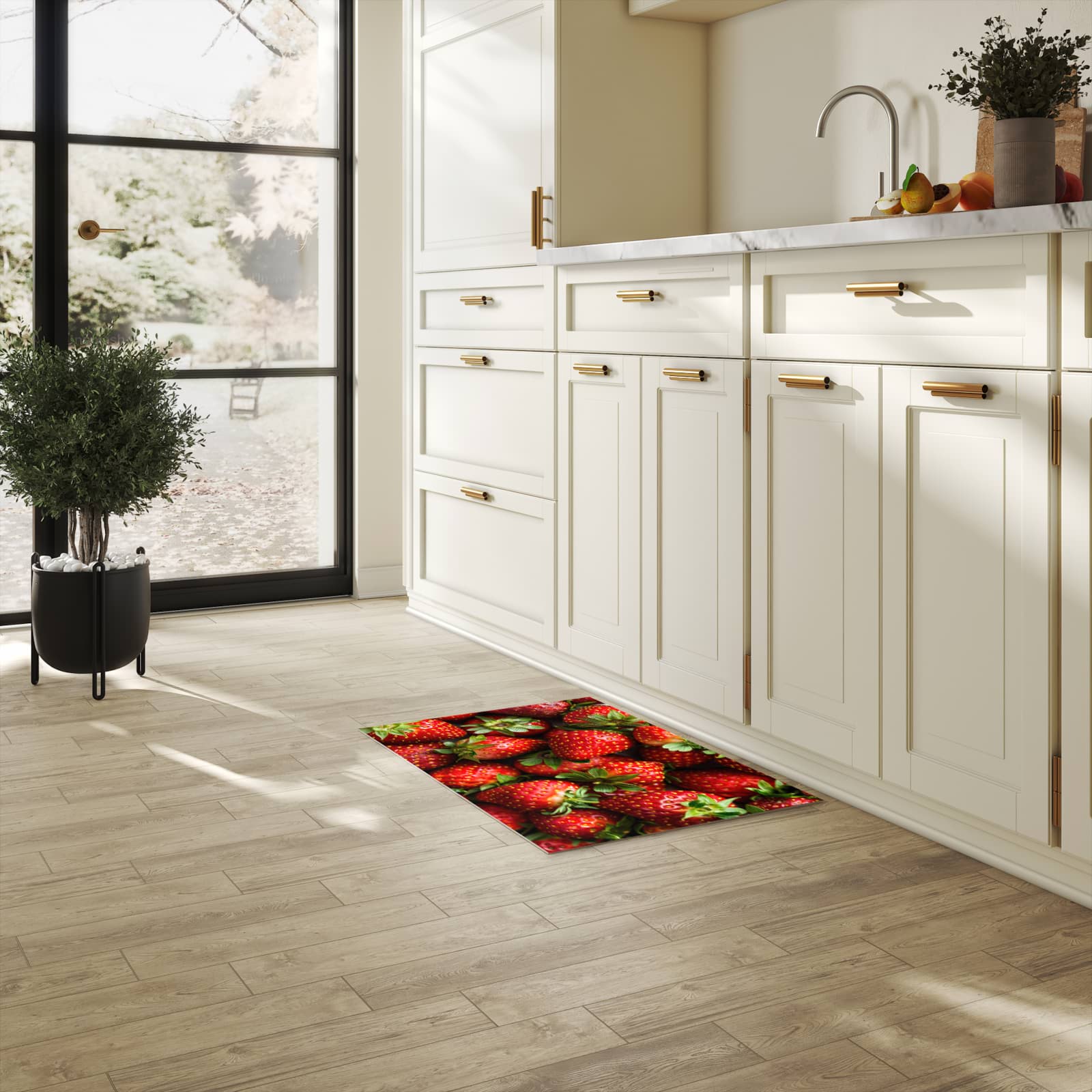 Geruchsneutraler langer Teppich mit Motiv Frische Erdbeeren in heller Küche