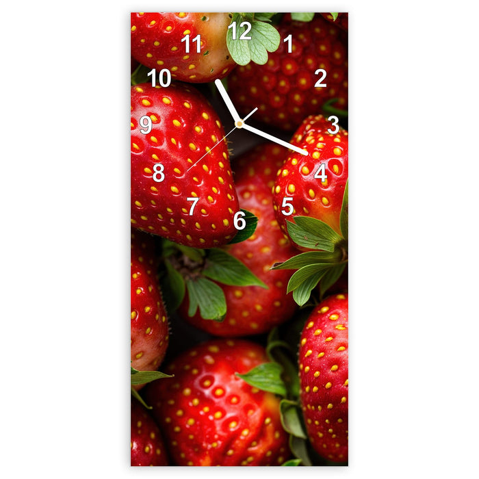 Wanduhr Frische Erdbeeren aus Glas – Hochformat 30 × 60 cm mit Ziffernblatt Modern