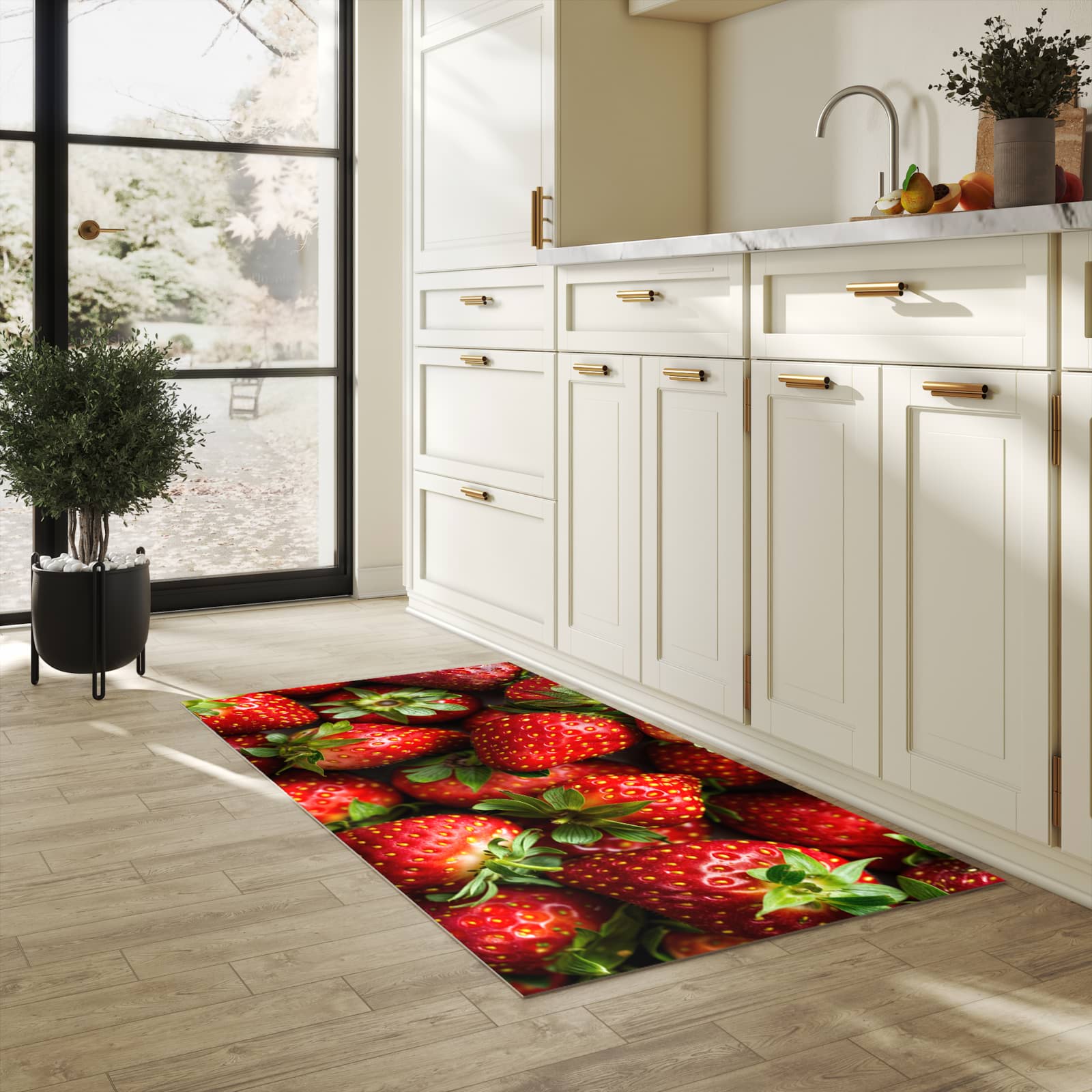 Rutschfester dünner Küchenteppich mit Motiv Frische Erdbeeren in heller Küche