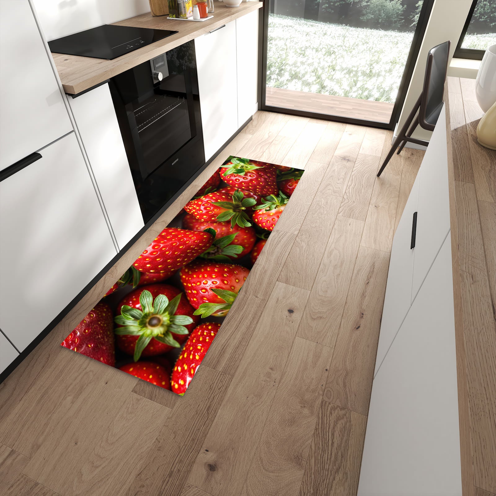 Pflegeleichter Küchenteppich mit Motiv Frische Erdbeeren in moderner Küche
