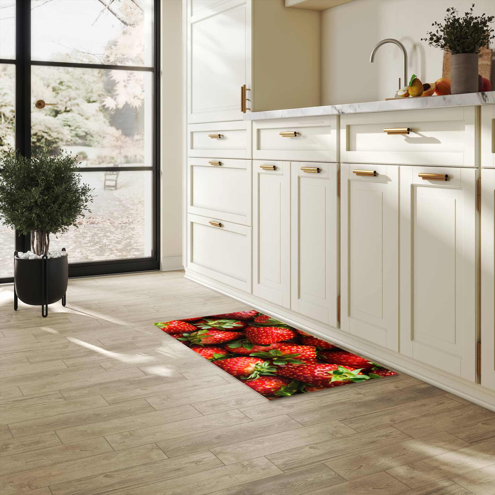 Abriebfester waschbarer Teppich Küche mit Motiv Frische Erdbeeren in heller Küche