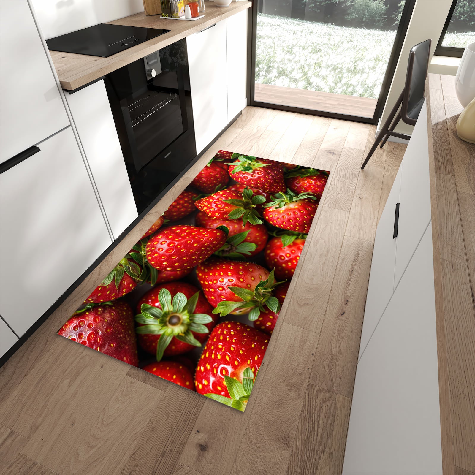 Rutschfester Küchenteppich mit Motiv Frische Erdbeeren in moderner Küche